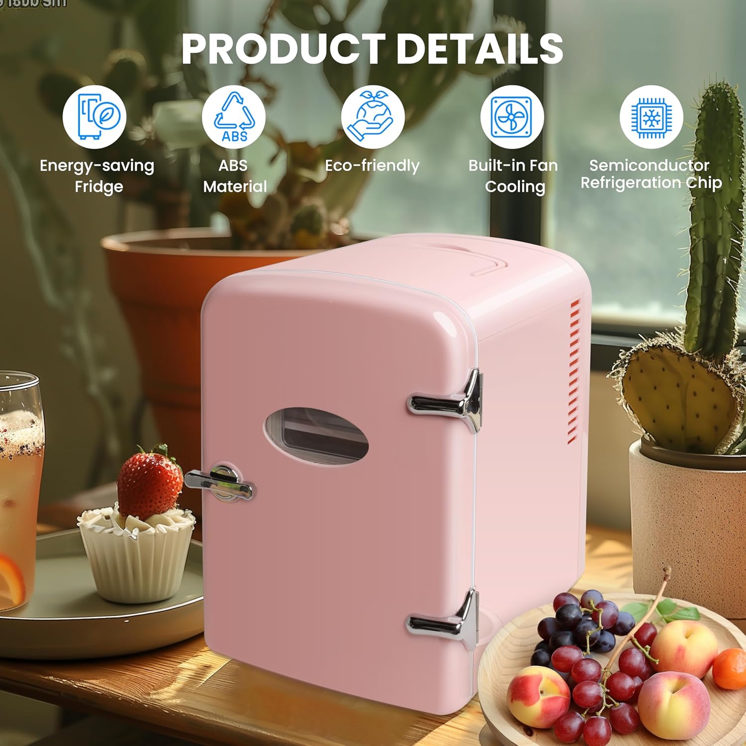 YSSOA Mini Fridge Personal Beauty Refrigerator, Freon-Free, Includes Plugs for Home Outlet & DC Charger, Dorm Room, 6 Can, 4L with Window, Pink