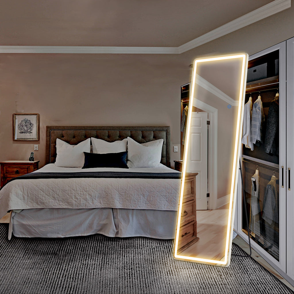 3 Color Lighting Mirror with LED Lights, 64"x21" Lighted Floor Standing Mirror with Stand, Wall Mounted Hanging