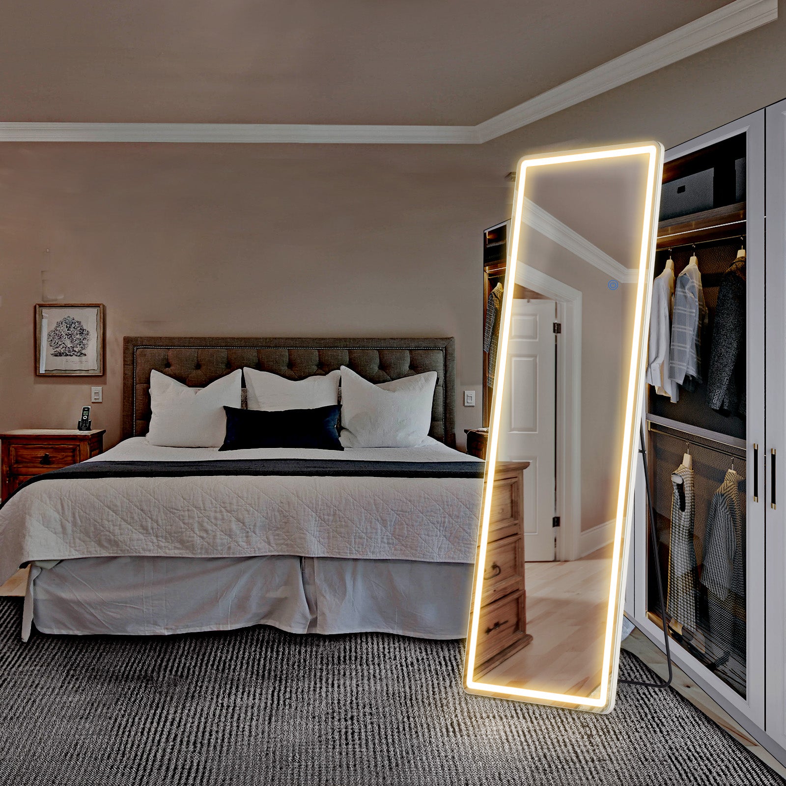 3 Color Lighting Mirror with LED Lights, 64"x21" Lighted Floor Standing Mirror with Stand, Wall Mounted Hanging