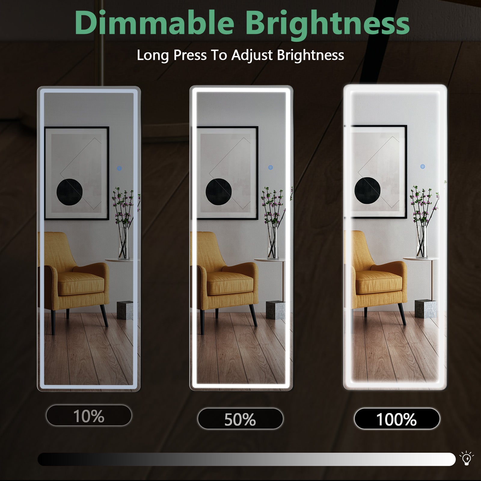 3 Color Lighting Mirror with LED Lights, 64"x21" Lighted Floor Standing Mirror with Stand, Wall Mounted Hanging