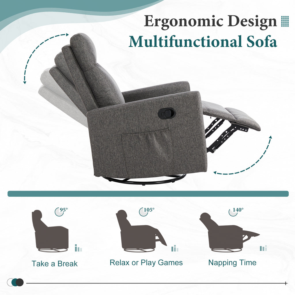 Swivel Recliner Chair, Glider Nursery Chair for Living Room with Extra Large Footrest, High Back, Upholstered Deep Seat