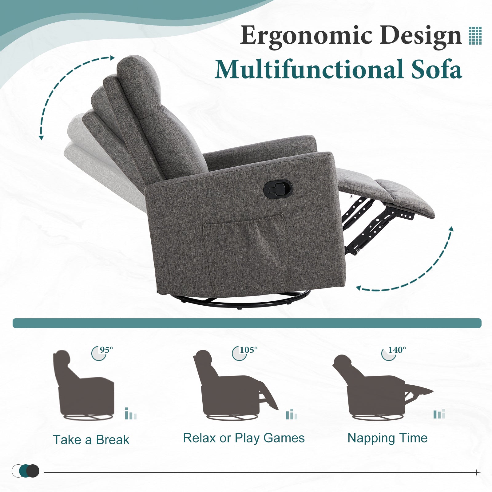 Swivel Recliner Chair, Glider Nursery Chair for Living Room with Extra Large Footrest, High Back, Upholstered Deep Seat