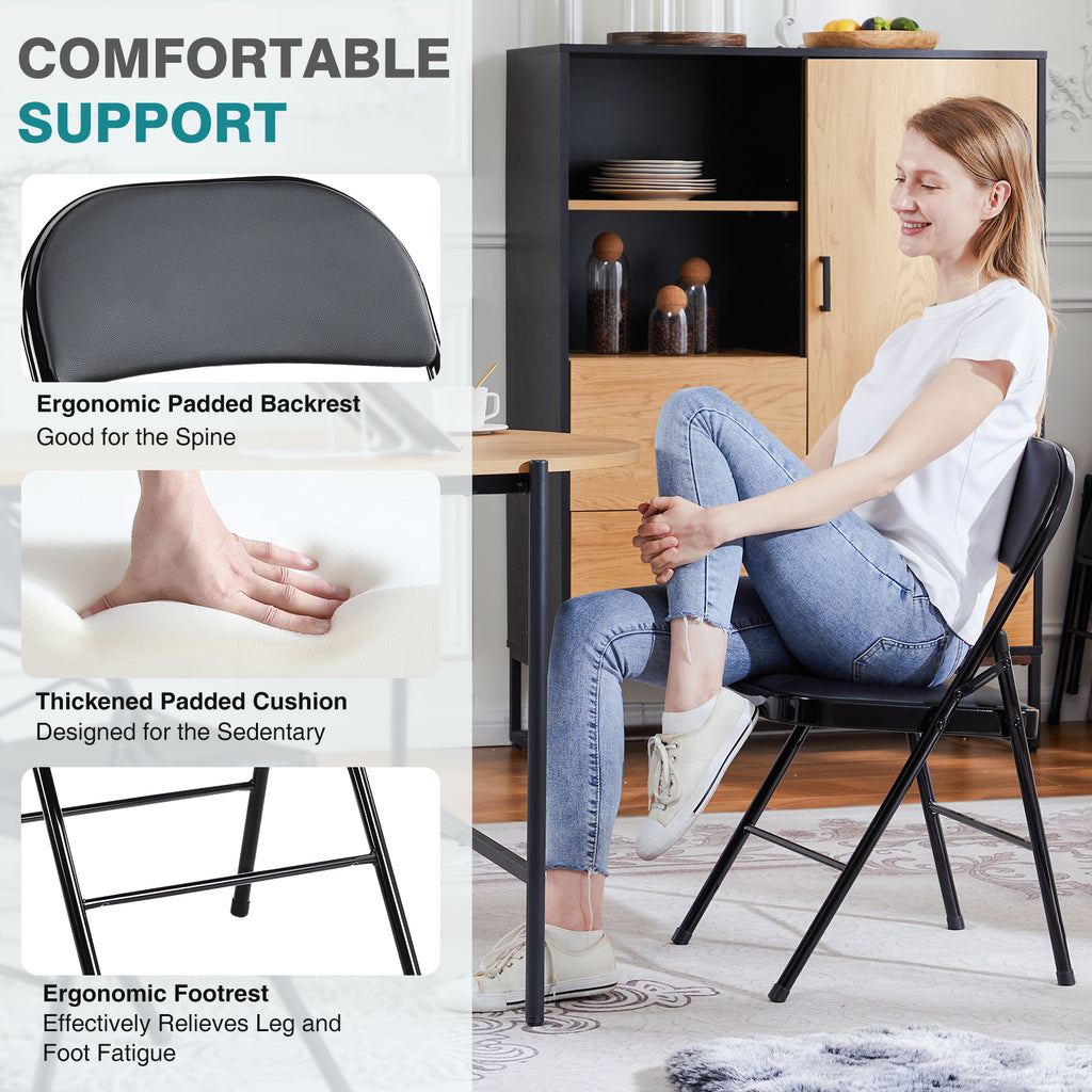 Folding Chair, Leather Padded Folding Chairs, Easy to Use and Store, Outdoor and Indoor, for Home, Office, Party, Comfy, Black