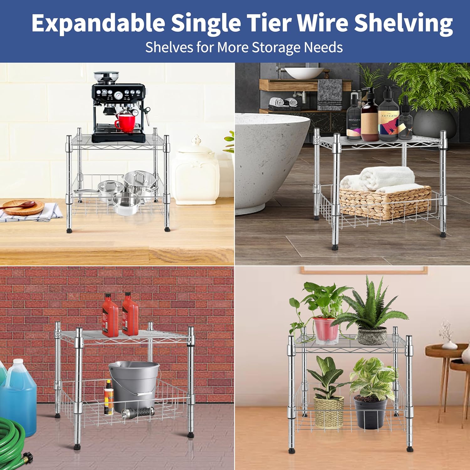 2-Tier Shelving Unit, 15" W x 13.8" D x 15" H Wire Metal Stackable Storage with Basket, Chrome