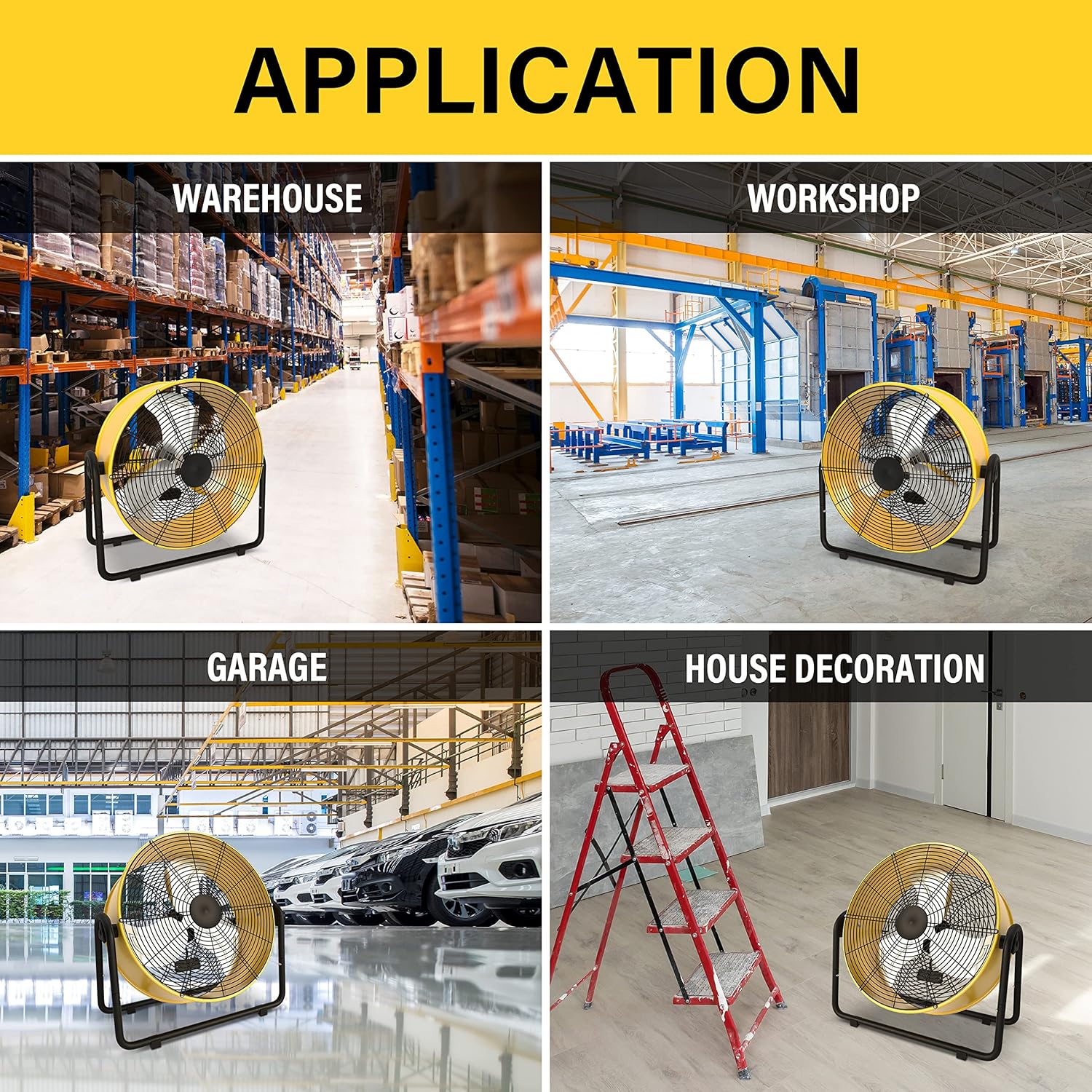 Quiocozy 24/30 Inch Heavy Duty Metal Industrial Drum Fan, 3 Speed Air Circulation for Warehouse,Workshop, Factory and Basement - High Velocity, Yellow