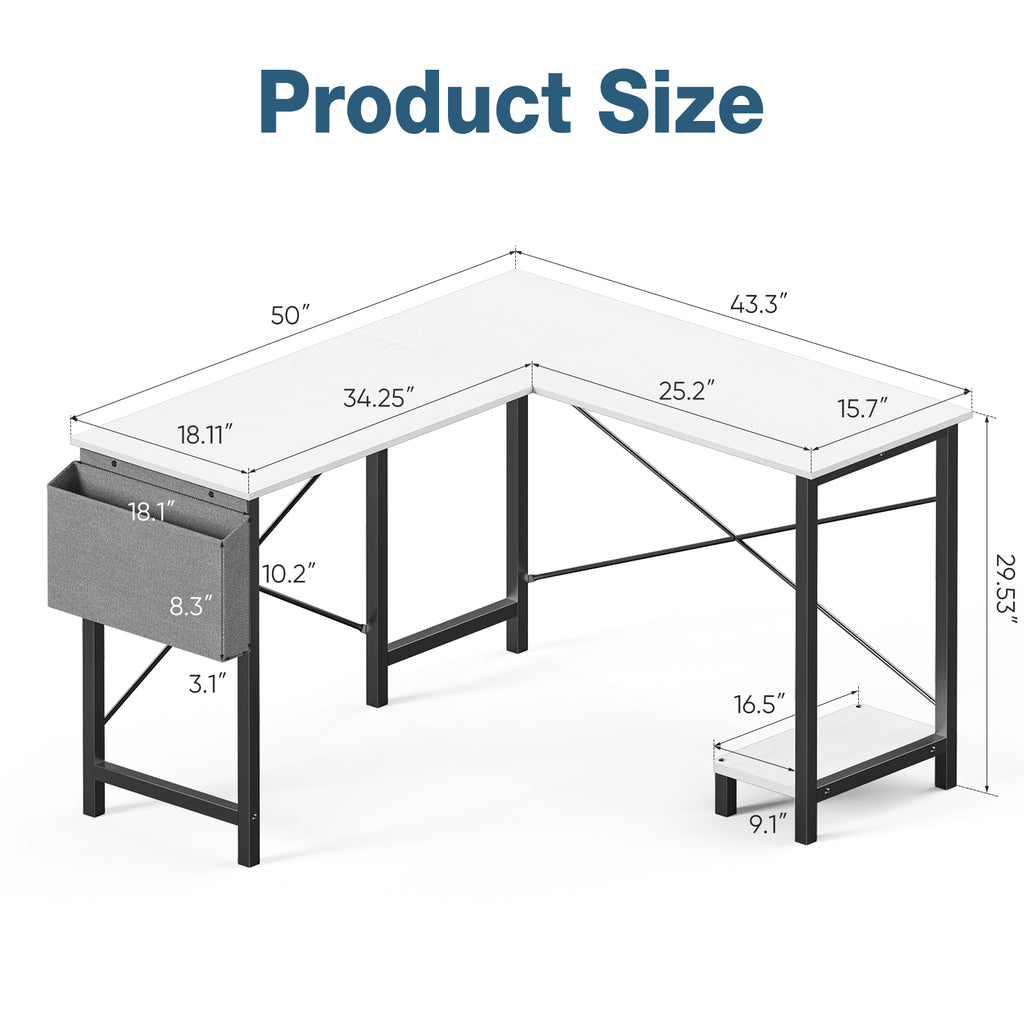L Shaped Computer Desk - Gaming Corner 50 Inch Office Writing PC Wooden Table with CPU Storage Shelf & Side Bag
