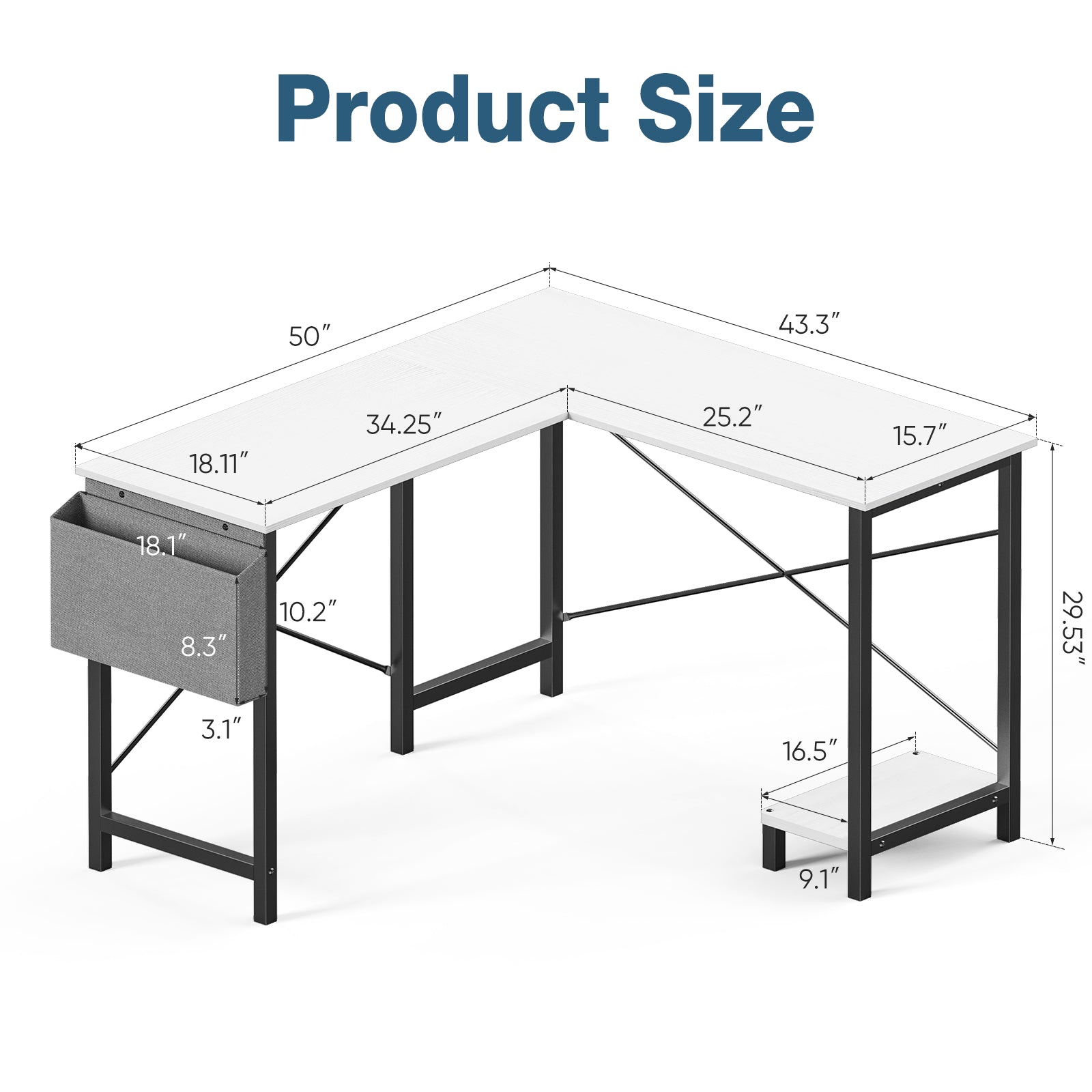L Shaped Computer Desk - Gaming Corner 50 Inch Office Writing PC Wooden Table with CPU Storage Shelf & Side Bag