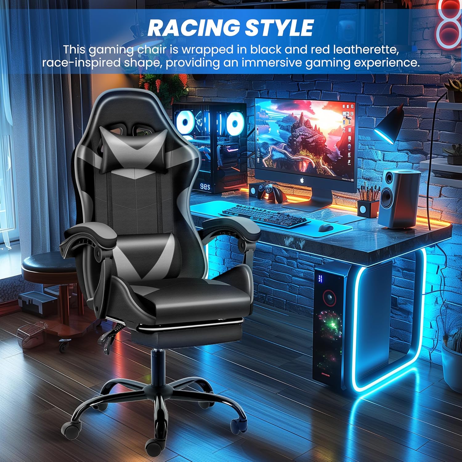 Gaming Chair with Footrest, Height Adjustable & 90°-135° Tilt Function, Swivel Recliner Ergonomic Racing Style Video Game Chair with Lumbar Support