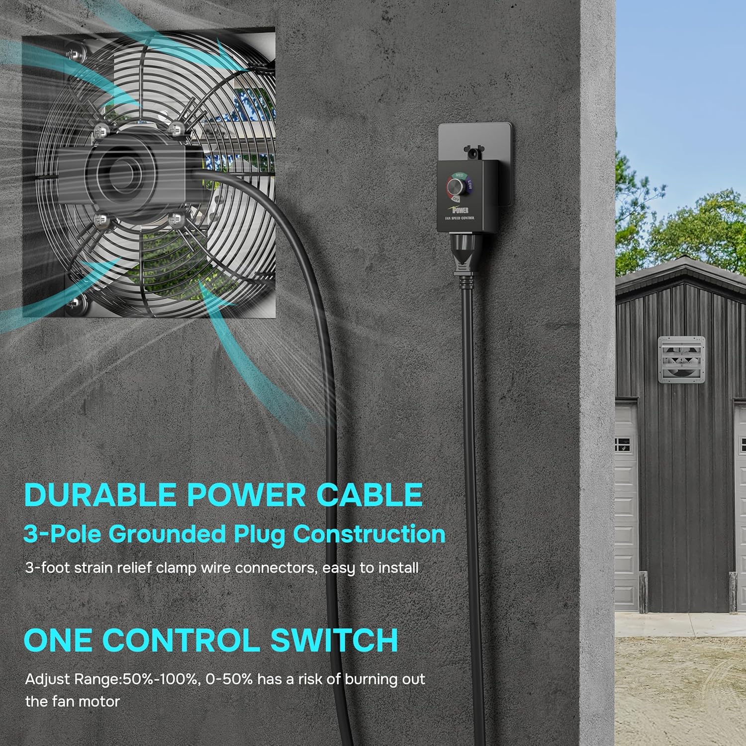 12 Inch Variable Shutter Exhaust Fan with Speed Controller and Power Cord Kit, 1620RPM, 1800CFM, Silver