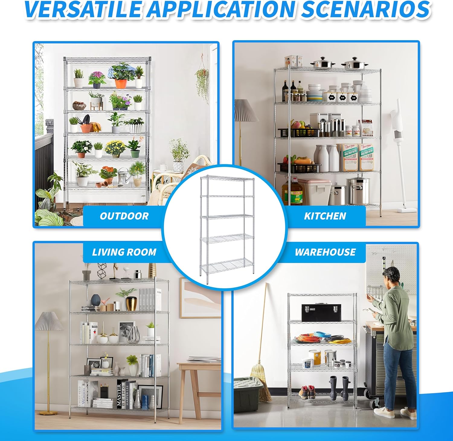 5-Tier Storage Shelves, 35.83" W x 13.98" D x 71.7" H Wire Metal Shelving Unit, 1250 Lbs Loading Capacity, Chrome