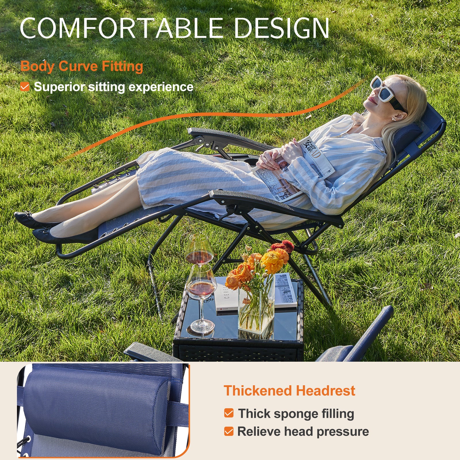Set of 2 Zero Cravity Lounge Chairs,Outdoor Patio Folding Recliners for Pool Beach with Pillow and Cup Holder