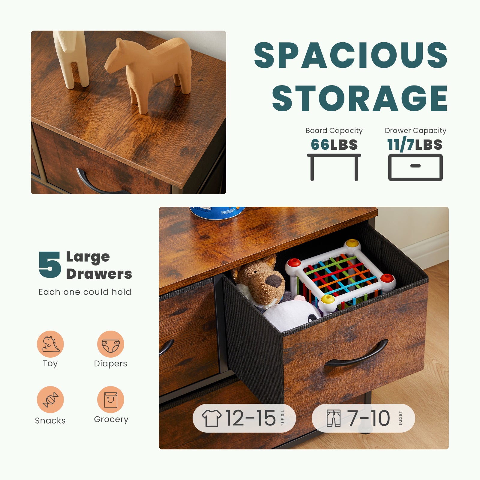 Tall Dresser Fabric Storage Tower ,Wooden Top for Kid Room, Closet, Entryway, Nursery