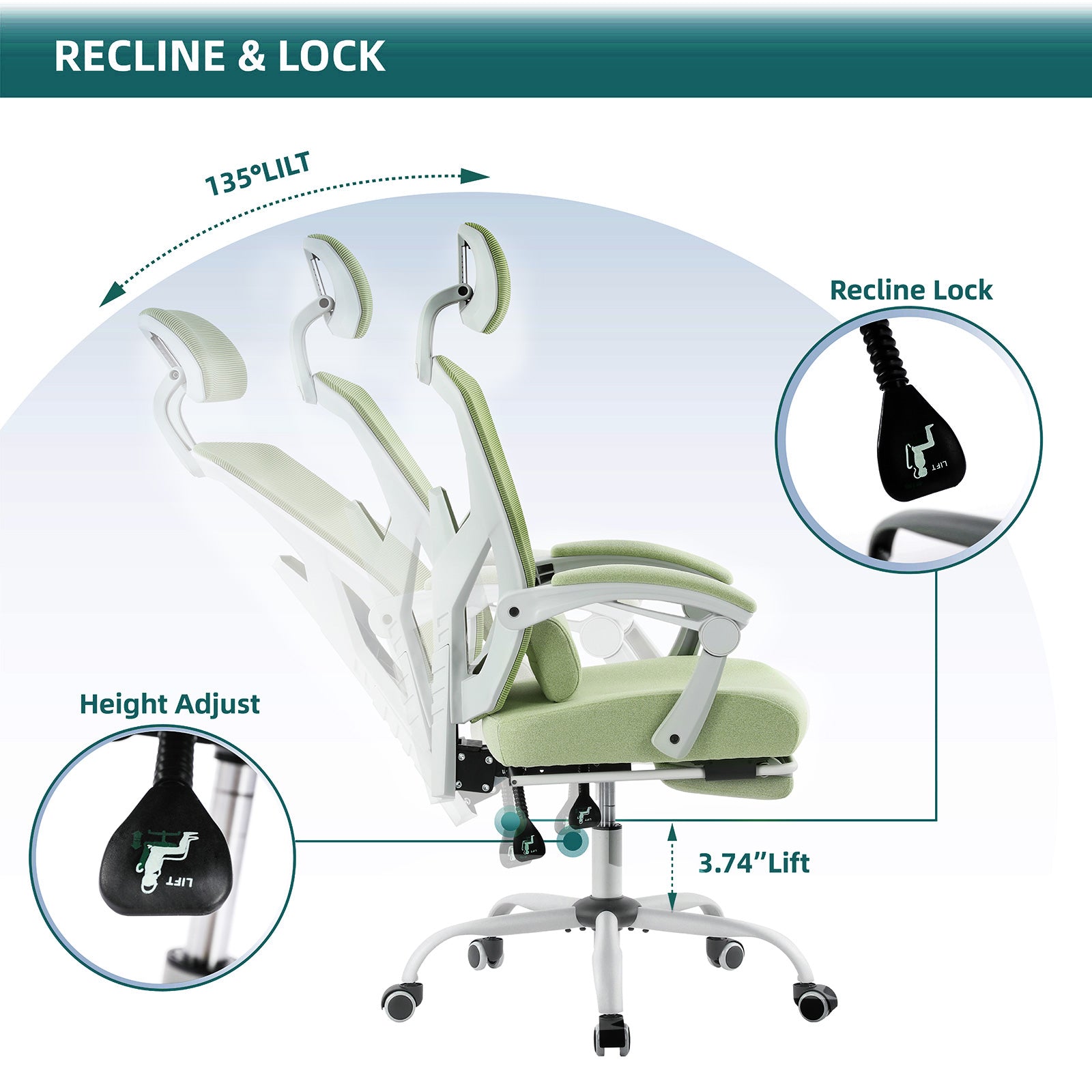 Retractable Footrest Ergonomic Swivel Office Chair with Lumbar Support Pillow and Padded Armrests