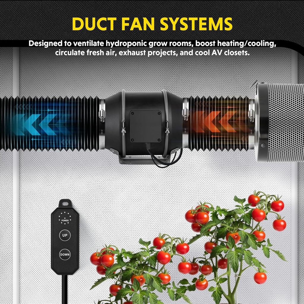 6 Inch 405 CFM Ventilation Fan EC Motor, with 10-Speed Controller, Suitable for Heating Cooling Booster, Hydroponics, Grow Tents, Black