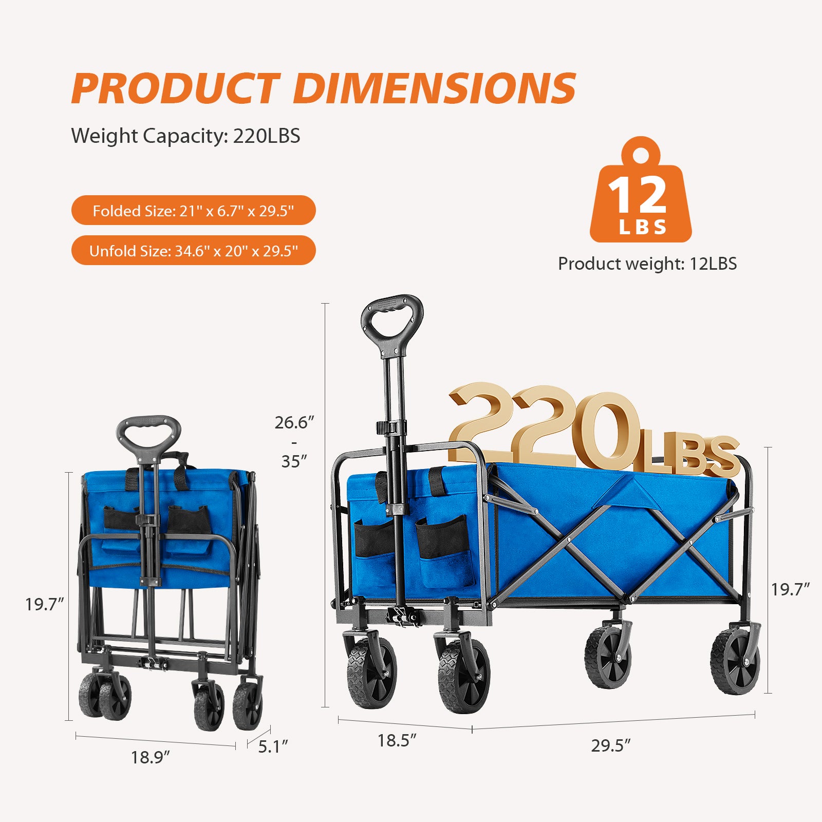Collapsible Folding Wagon Cart, Camping & Shopping, Heavy Duty Utility Wagon with All-Terrain Wheels