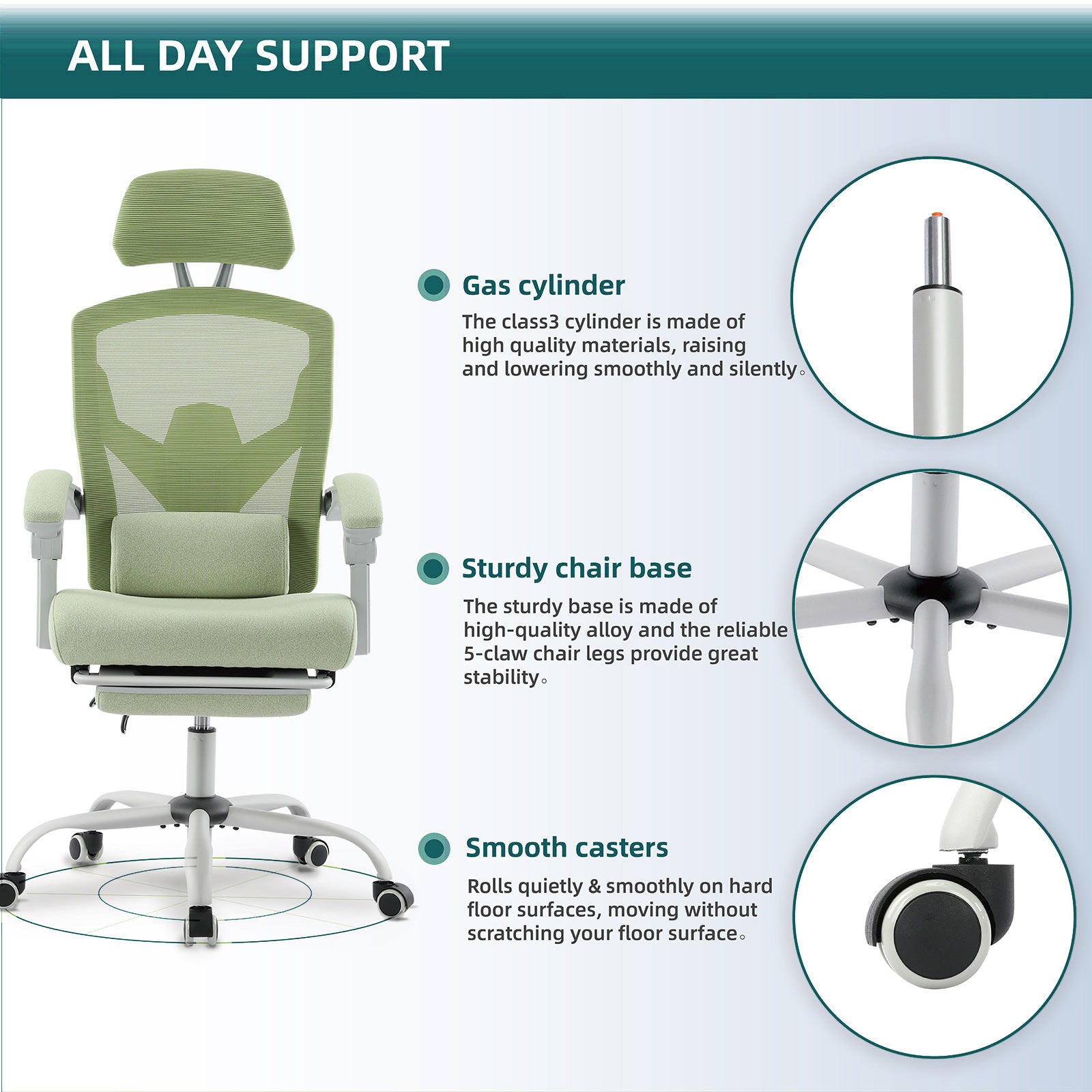 Retractable Footrest Ergonomic Swivel Office Chair with Lumbar Support Pillow and Padded Armrests