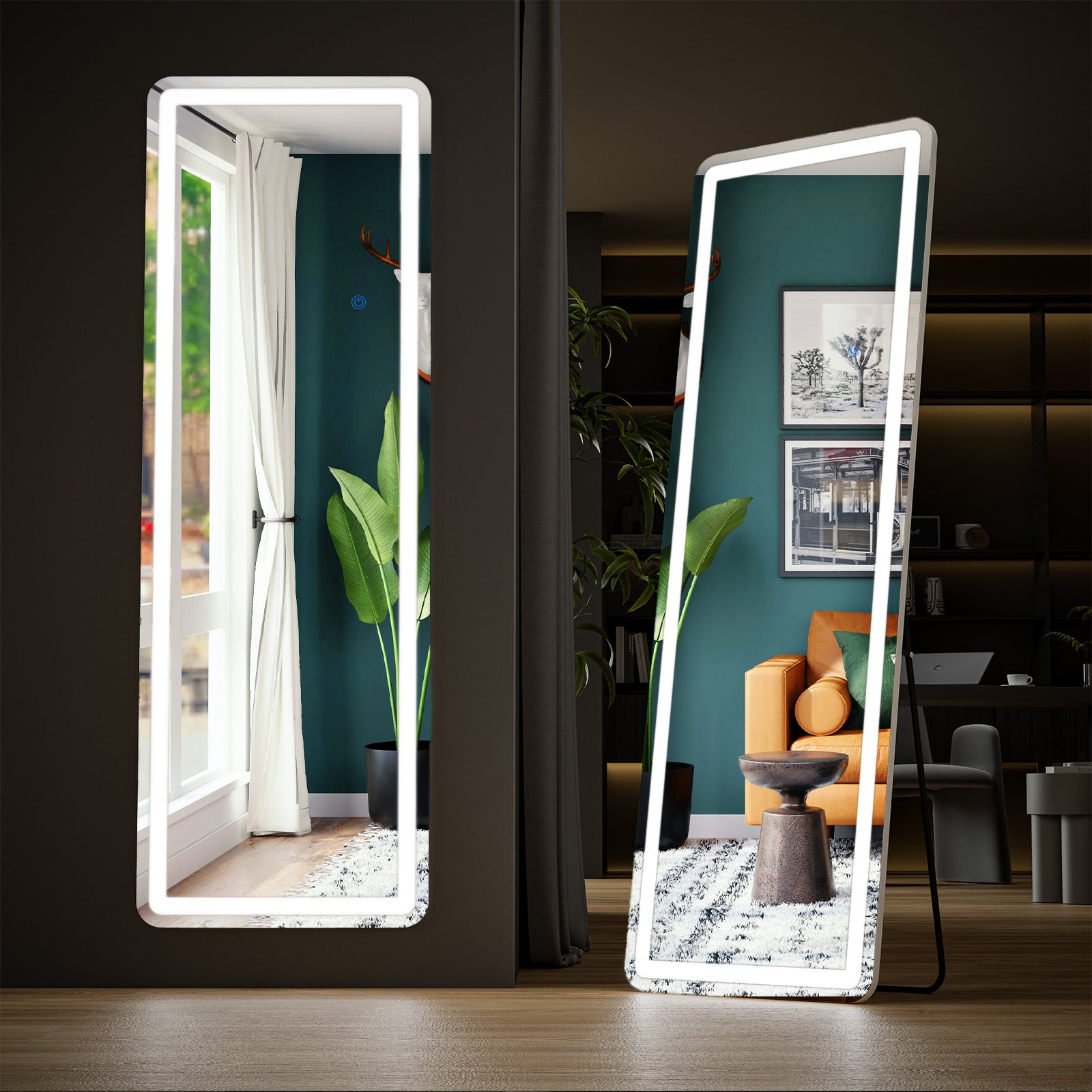 3 Color Lighting Mirror with LED Lights, 64"x21" Lighted Floor Standing Mirror with Stand, Wall Mounted Hanging