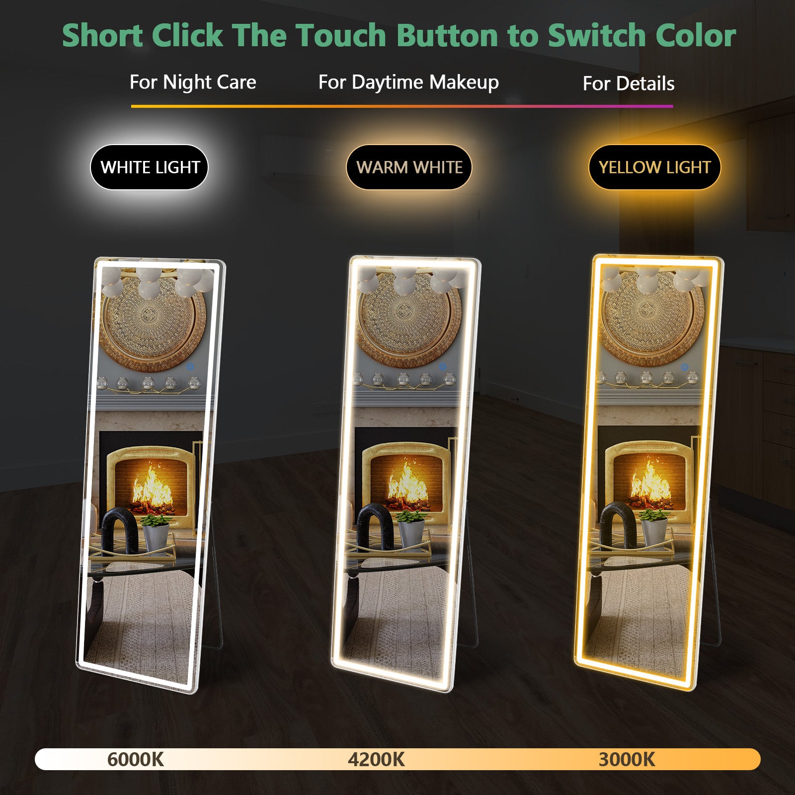 3 Color Lighting Mirror with LED Lights, 64"x21" Lighted Floor Standing Mirror with Stand, Wall Mounted Hanging