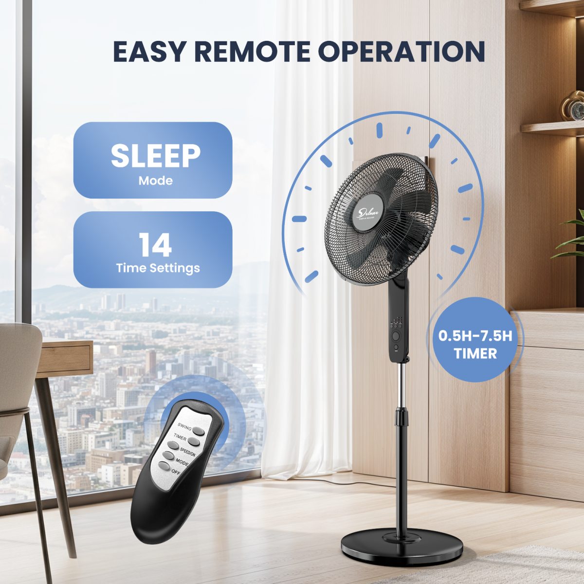 16" Pedestal Fan for Bedroom, 75° Oscillating Standing Floor Fan with 3 Speeds, Powerful 20ft/s Airflow, Adjustable Height & Tilt, Remote Control, for Home & Office