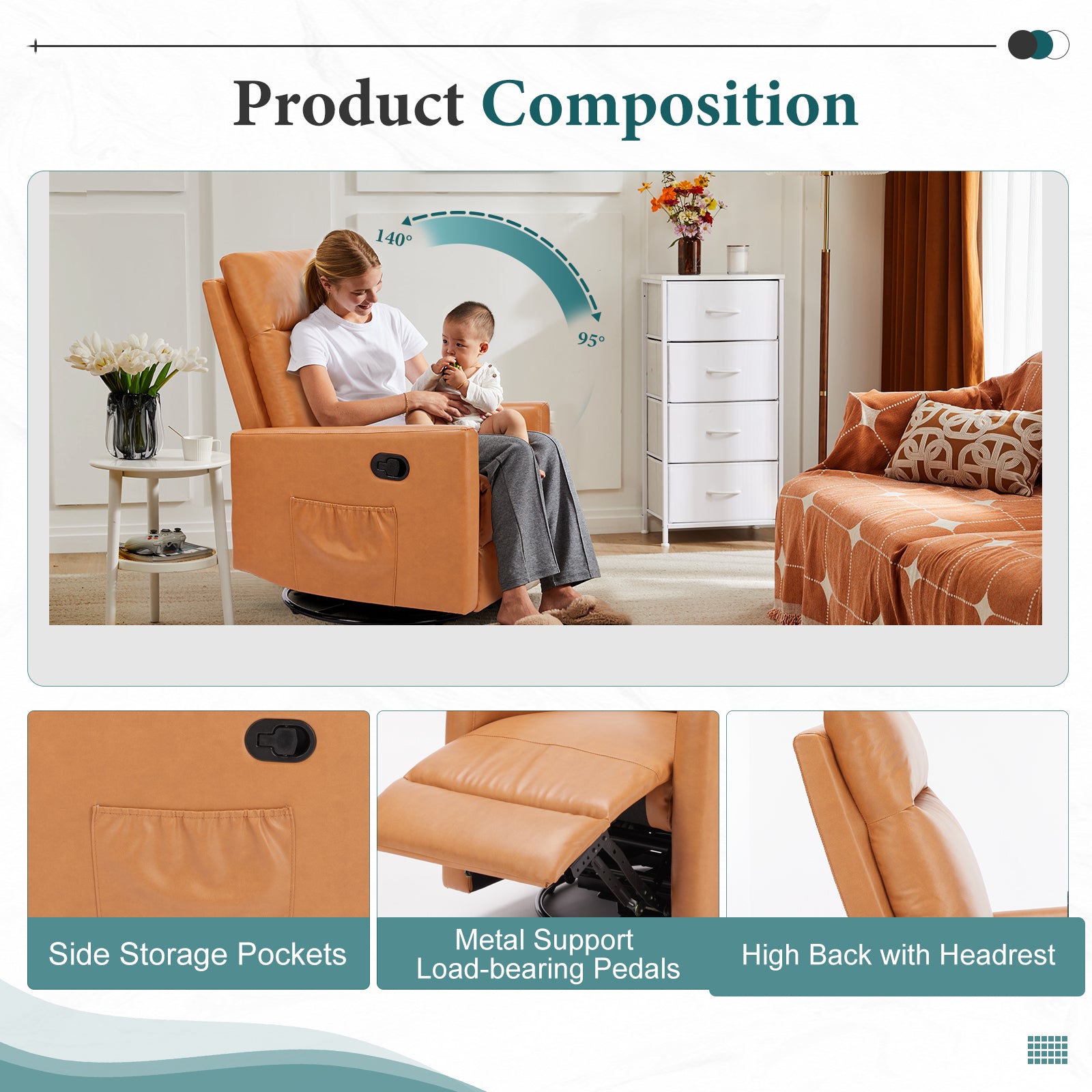 Swivel Recliner Chair, Glider Nursery Chair for Living Room with Extra Large Footrest, High Back, Upholstered Deep Seat