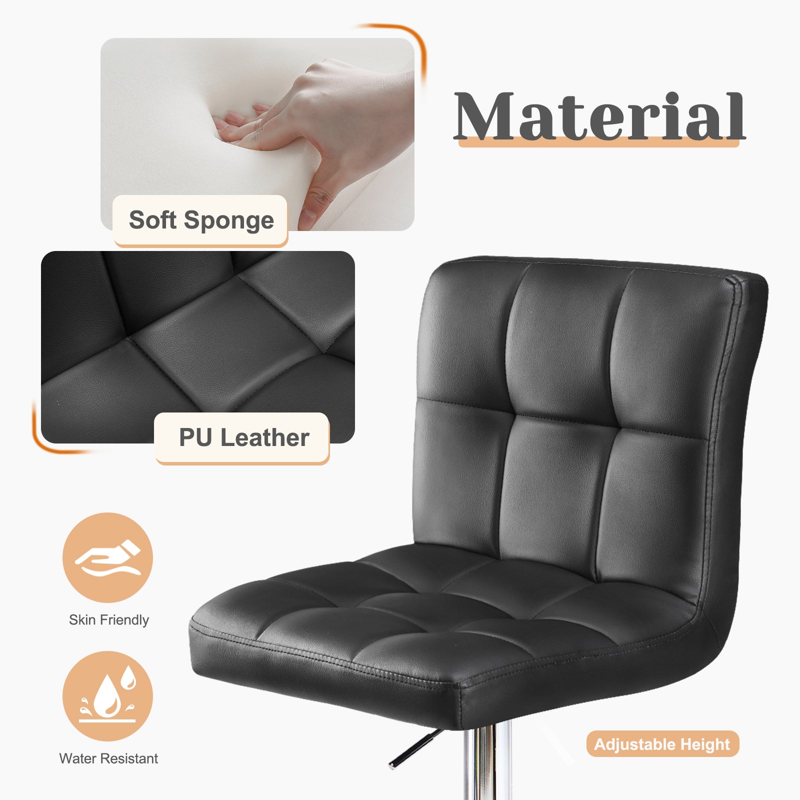 Bar Stools Set of 2, Counter Height Barstools,Square Seat Cushion Barstool with Back, Height Adjustable PU Leather Swivel Barstool