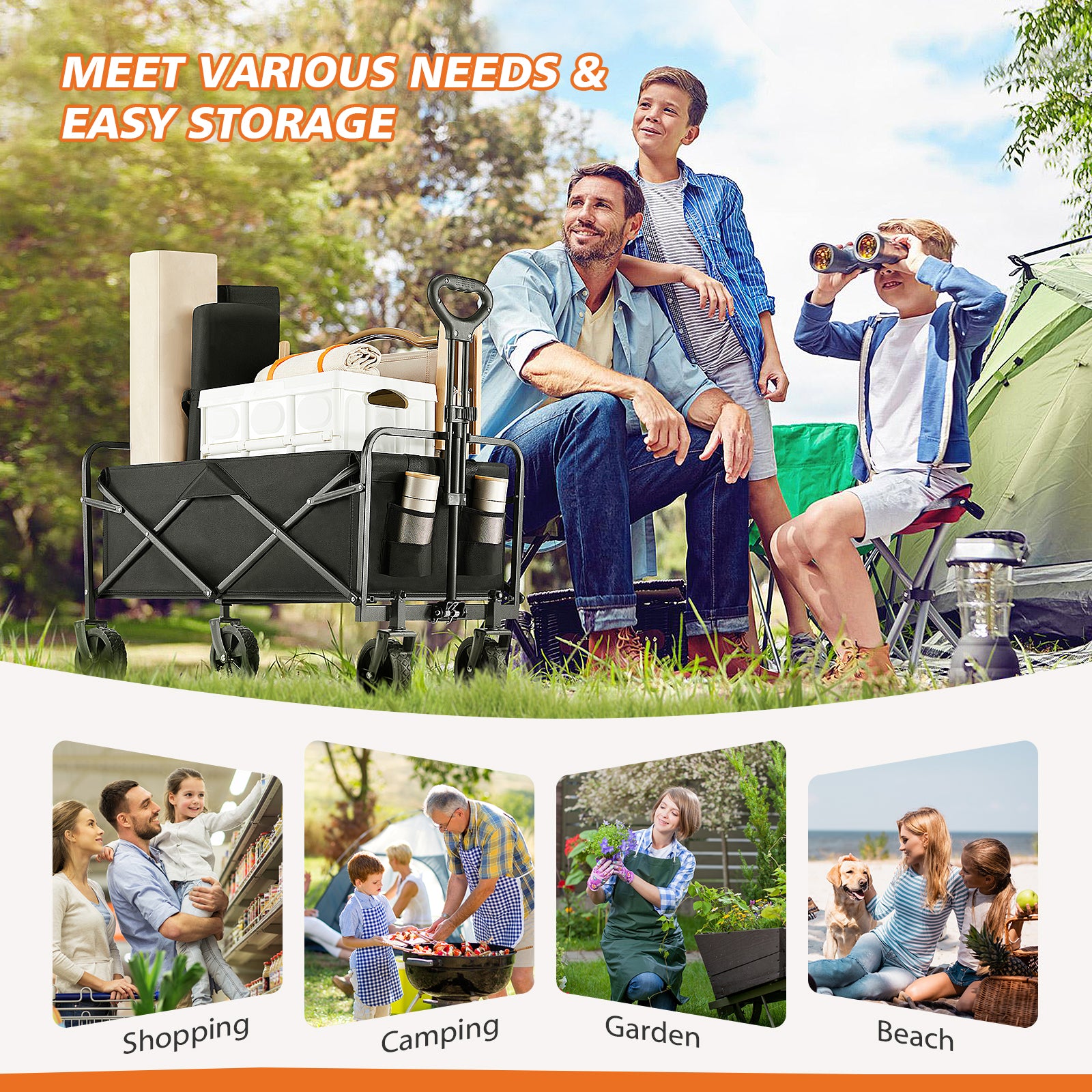 Collapsible Folding Wagon Cart, Camping & Shopping, Heavy Duty Utility Wagon with All-Terrain Wheels