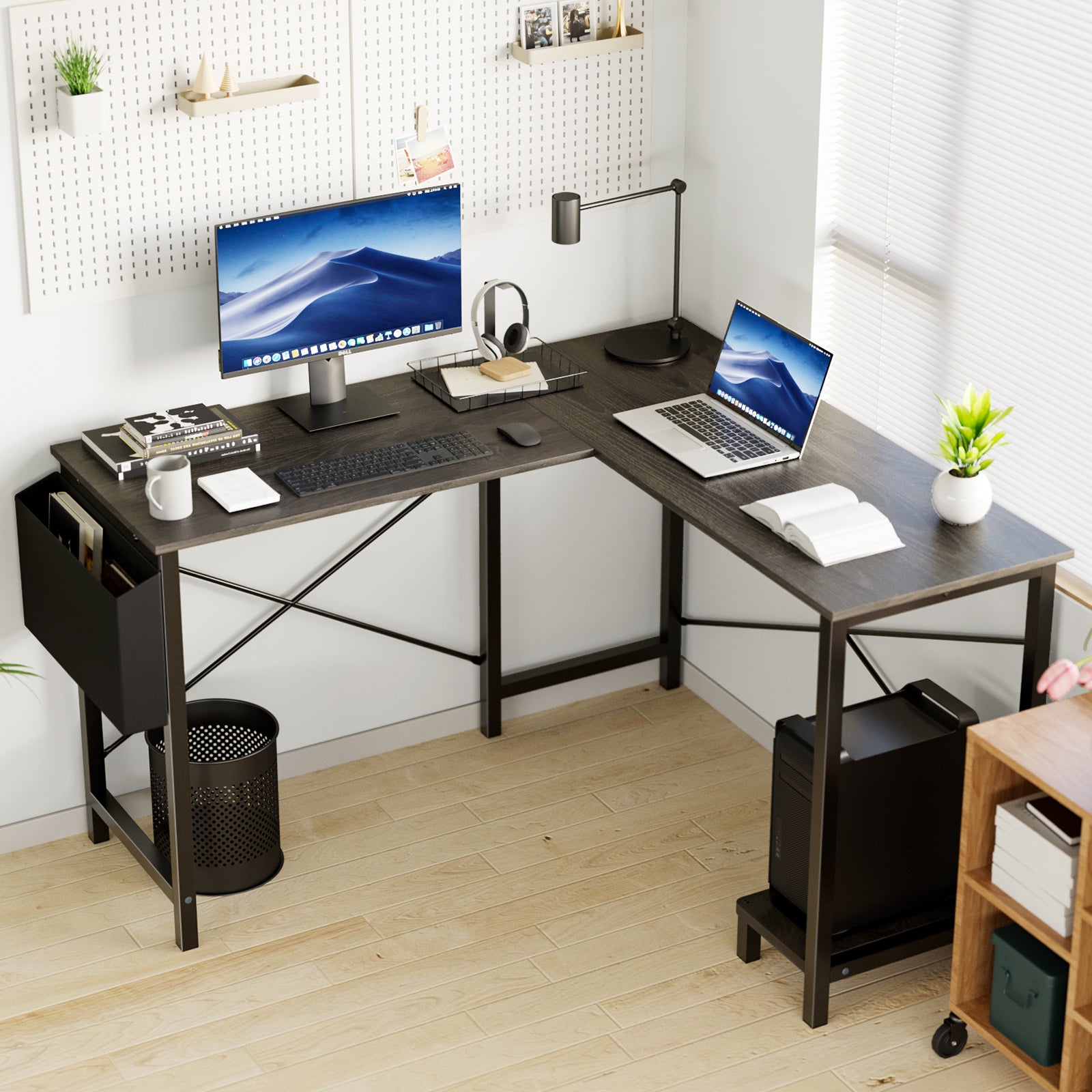 L Shaped Computer Desk - Gaming Corner 50 Inch Office Writing PC Wooden Table with CPU Storage Shelf & Side Bag