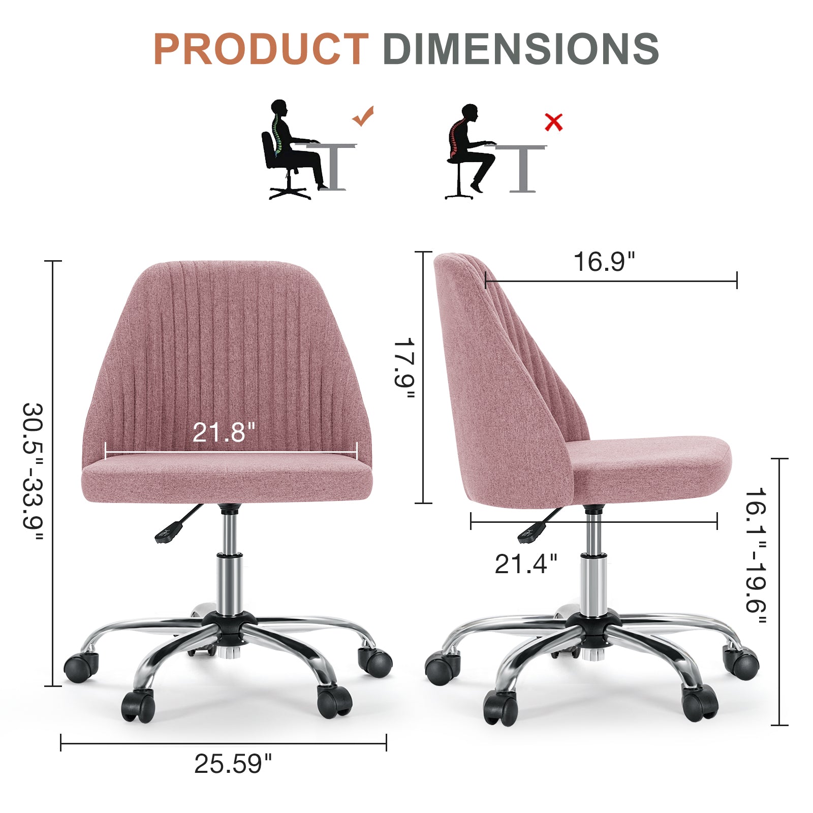 Modern Fabric Armless Adjustable Swivel Office Desk Chairs with Wheels