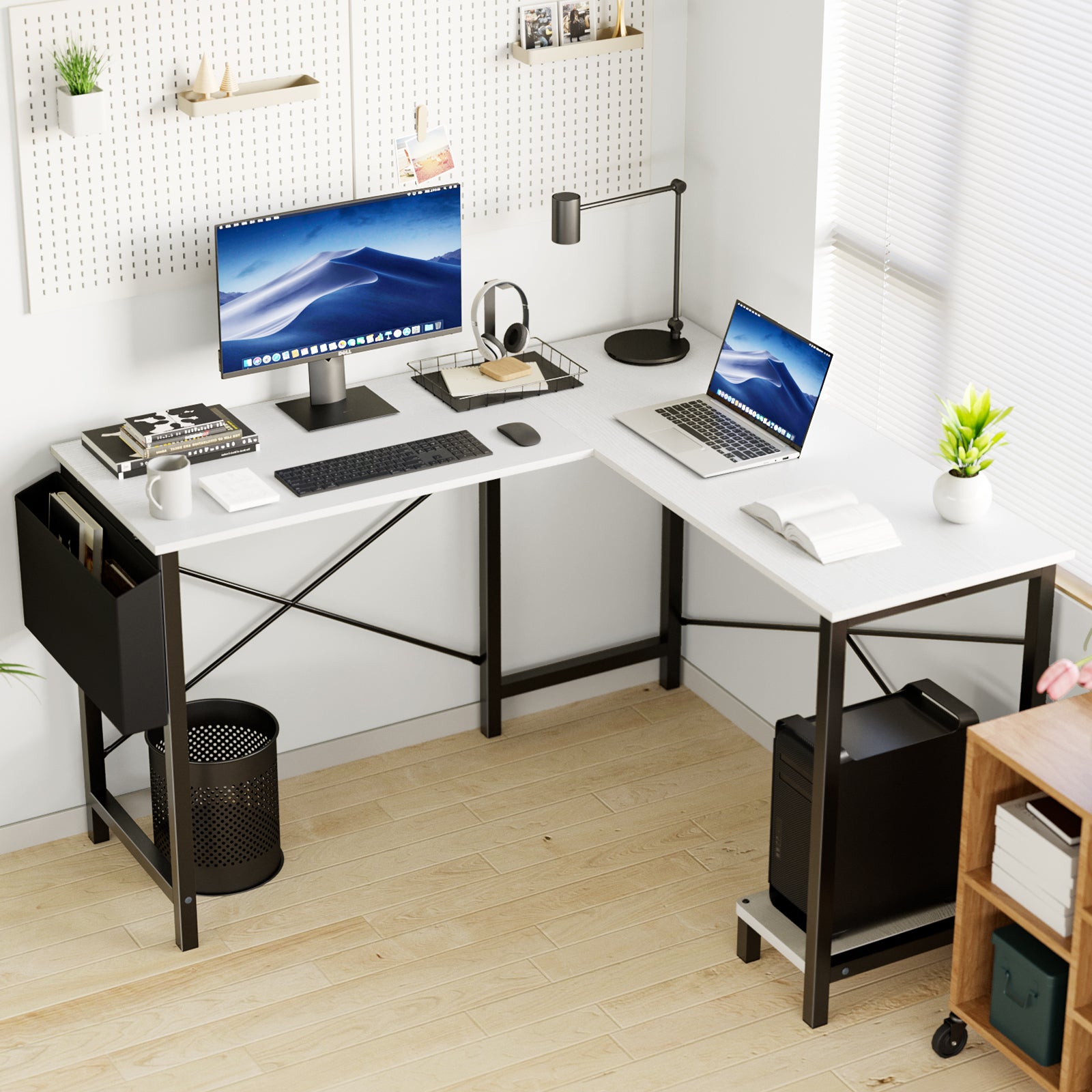 L Shaped Computer Desk - Gaming Corner 50 Inch Office Writing PC Wooden Table with CPU Storage Shelf & Side Bag