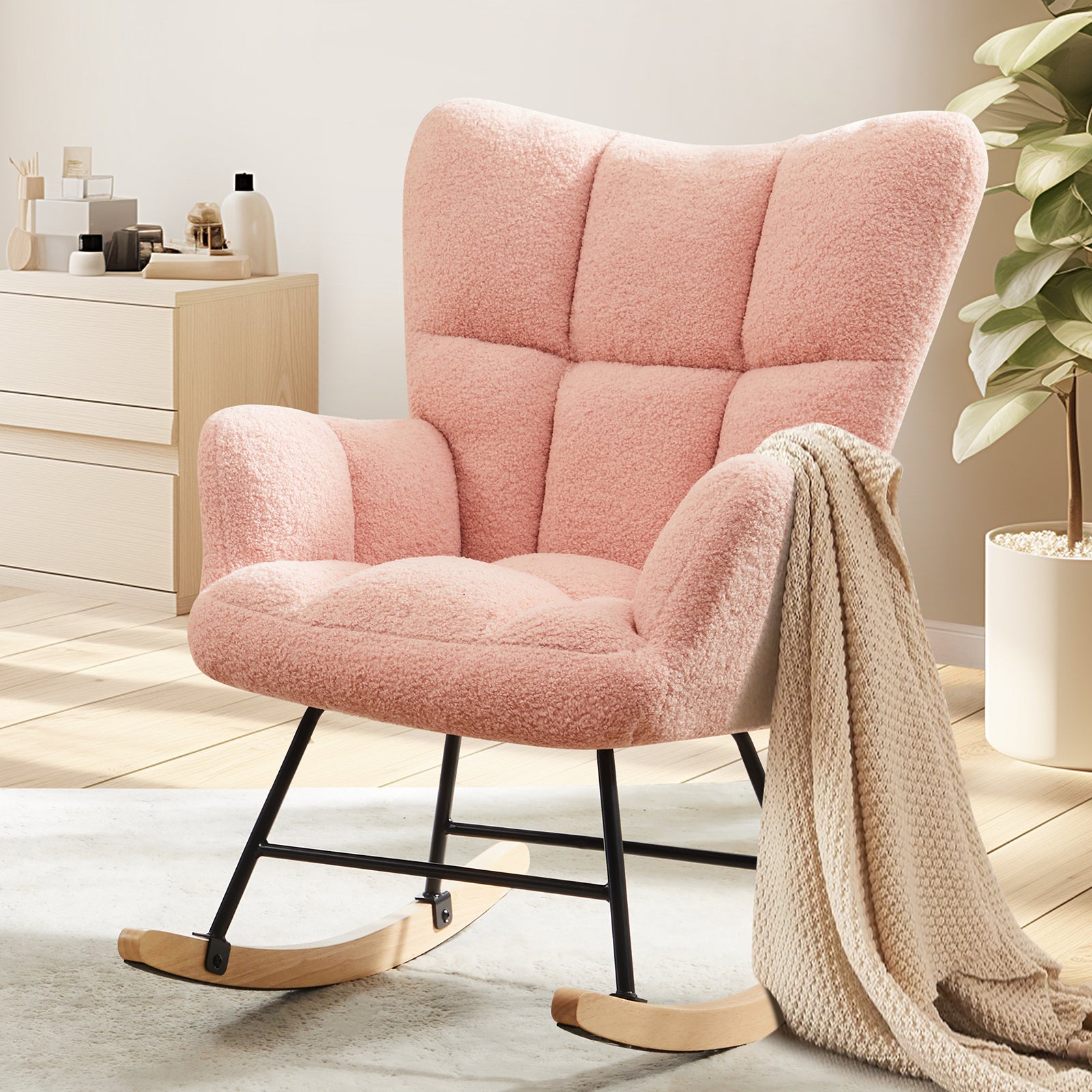 Teddy Upholstered Glider Rocker with High Backrest, Reading Chair Modern Rocking Accent Chairs Glider Recliner for Living Room, Nursery, Bedroom