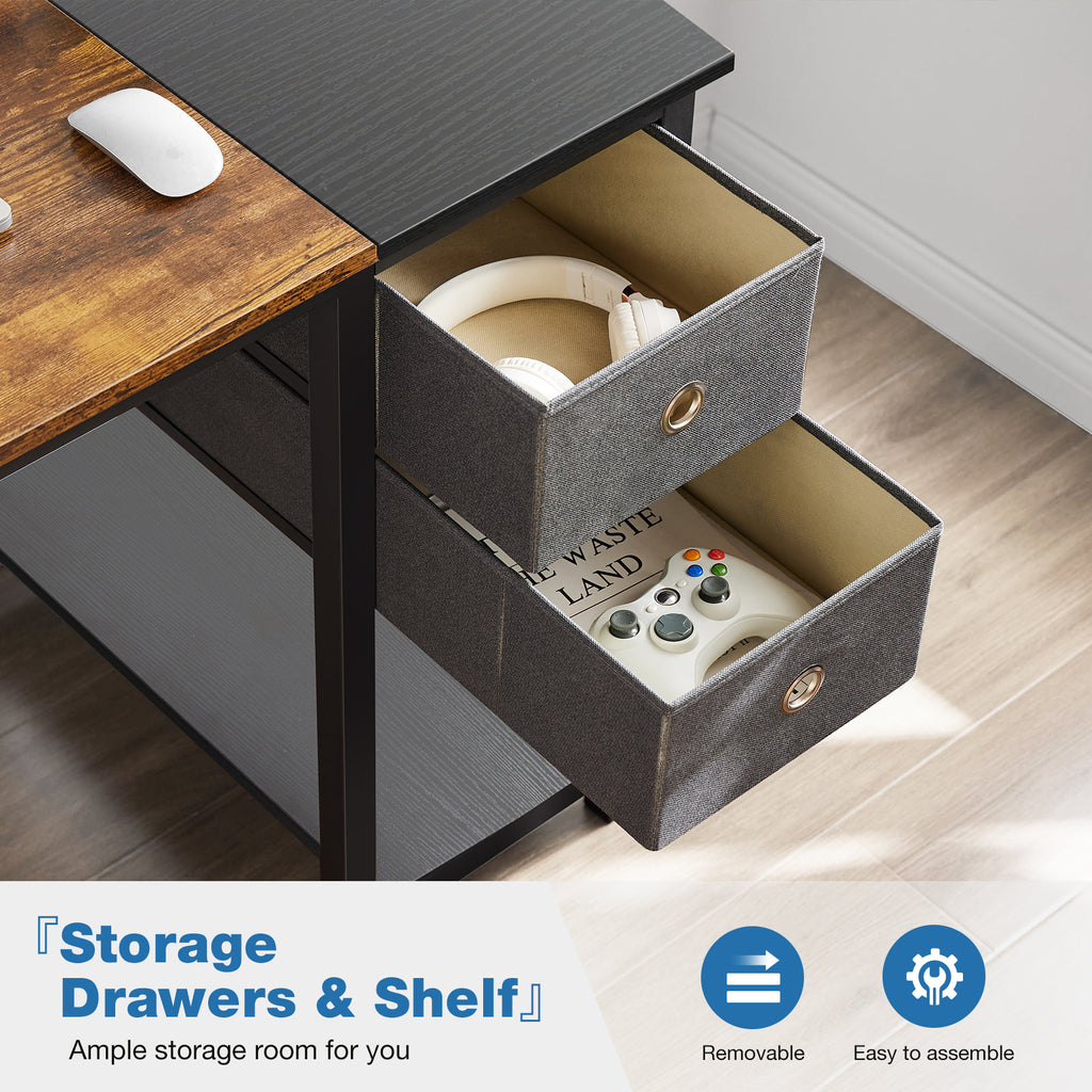 Computer Desk with Drawers 55 Inch Home Office Desk Writing Desk Work Desk PC Table Study Desk with 2-Tier Drawers Storage Shelf Side Hook