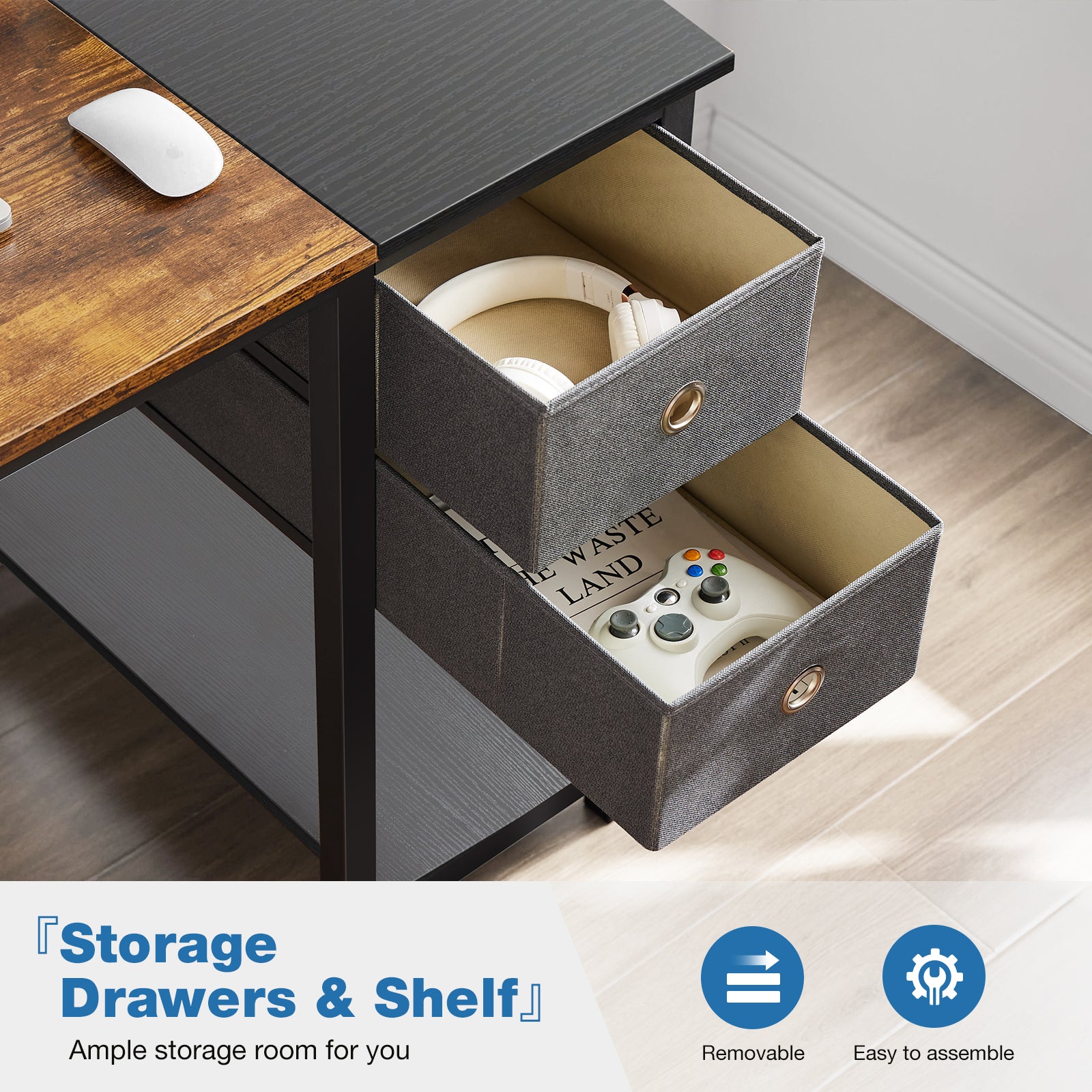 Computer Desk with Drawers 55 Inch Home Office Desk Writing Desk Work Desk PC Table Study Desk with 2-Tier Drawers Storage Shelf Side Hook