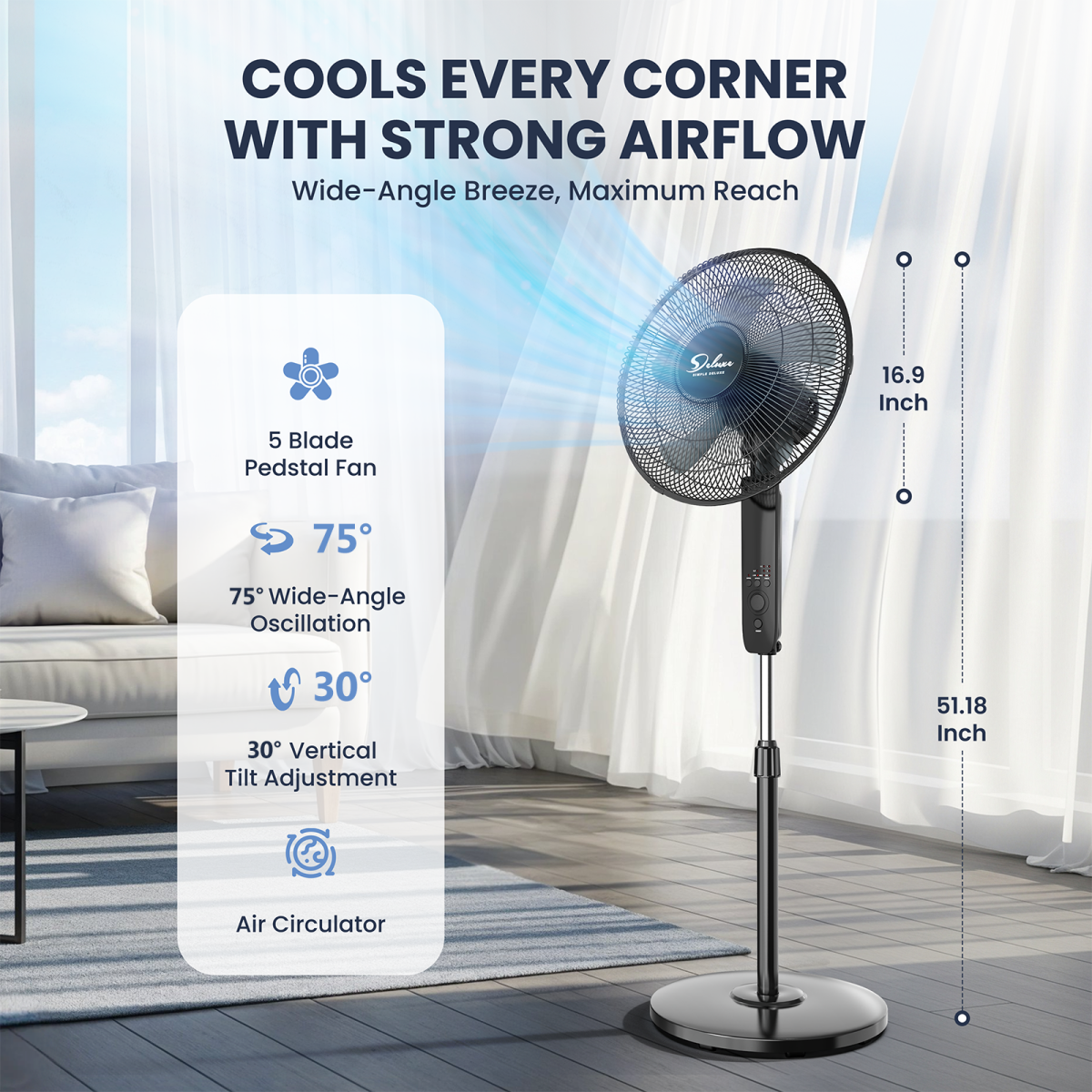 16" Pedestal Fan for Bedroom, 75° Oscillating Standing Floor Fan with 3 Speeds, Powerful 20ft/s Airflow, Adjustable Height & Tilt, Remote Control, for Home & Office