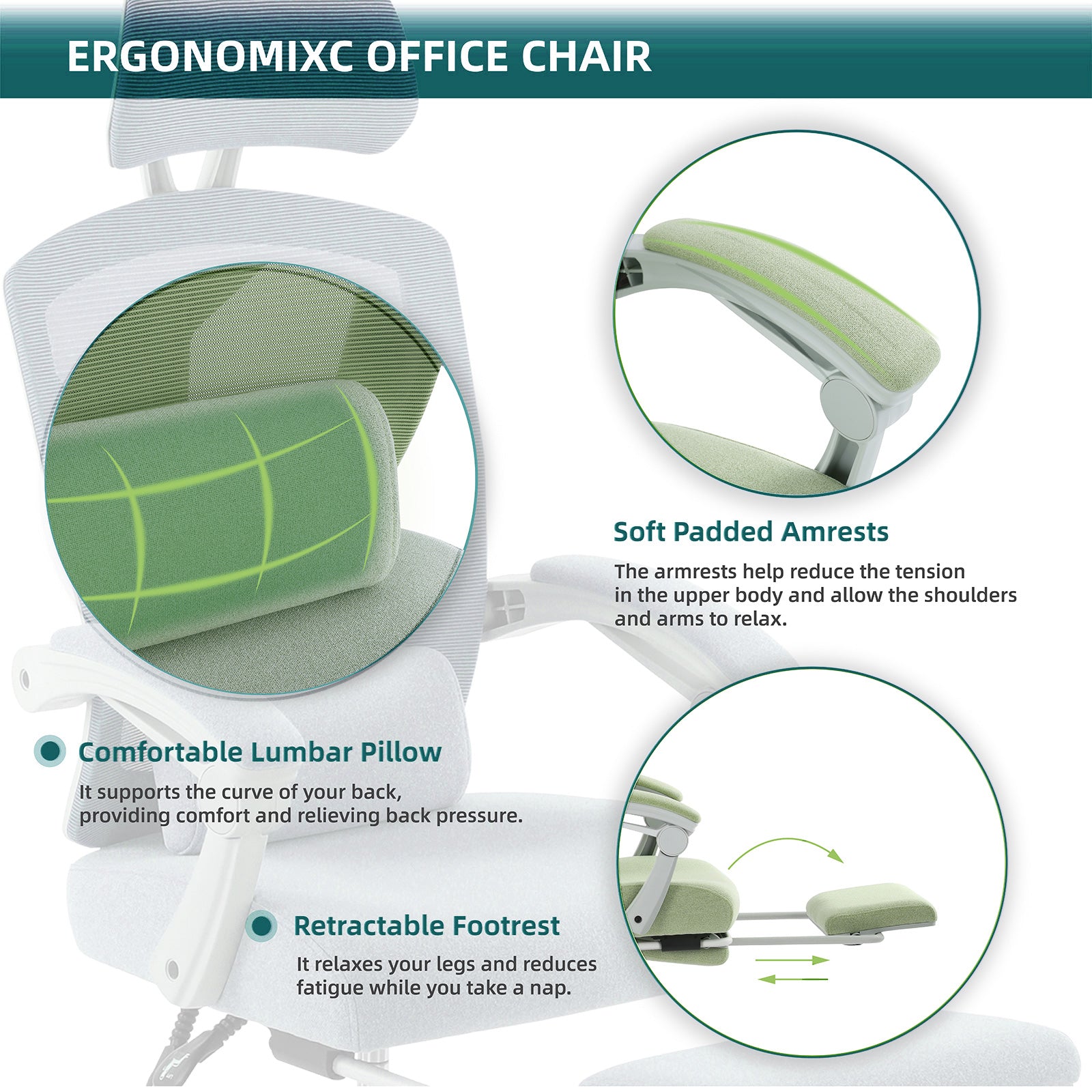 Retractable Footrest Ergonomic Swivel Office Chair with Lumbar Support Pillow and Padded Armrests