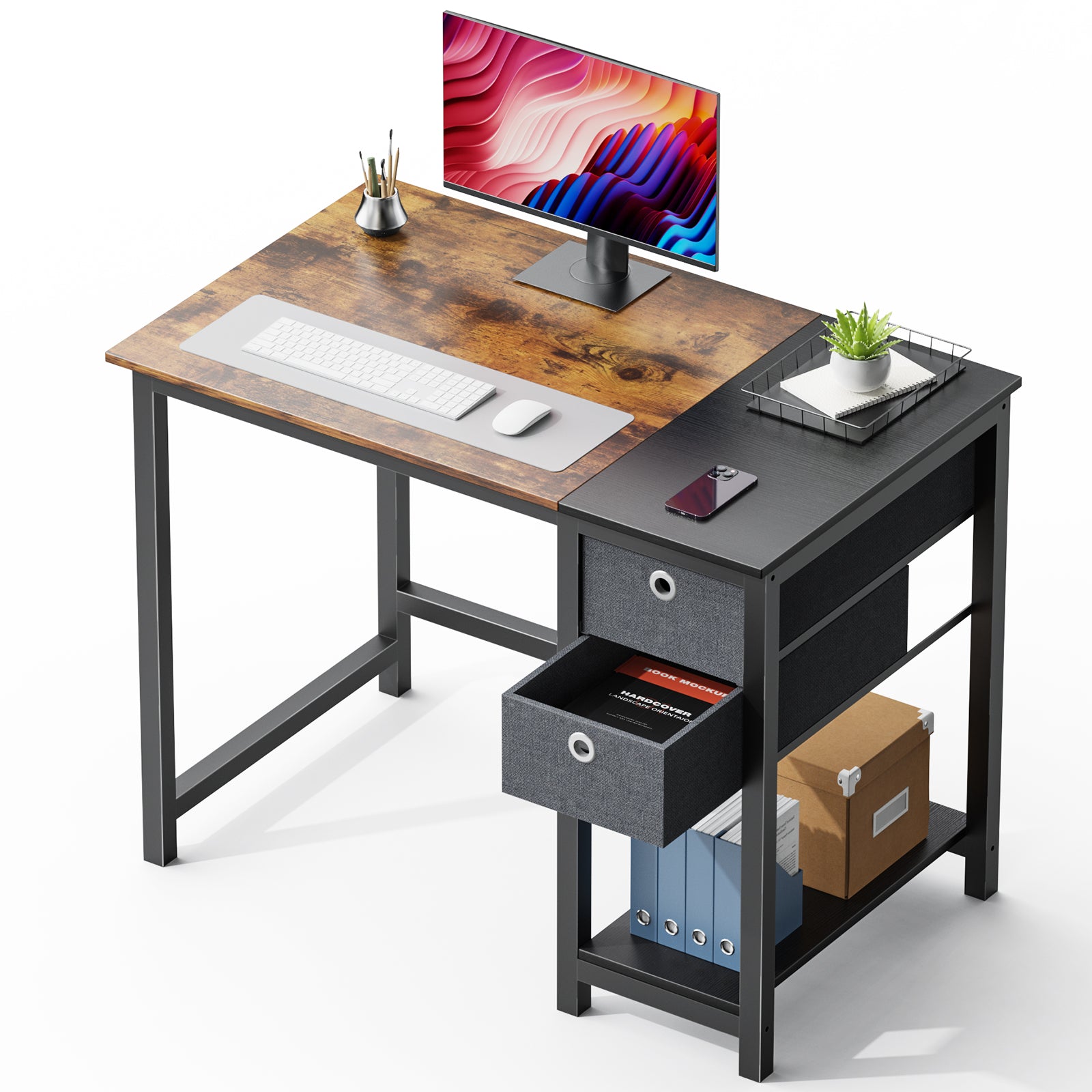 Computer Desk with Drawers 55 Inch Home Office Desk Writing Desk Work Desk PC Table Study Desk with 2-Tier Drawers Storage Shelf Side Hook
