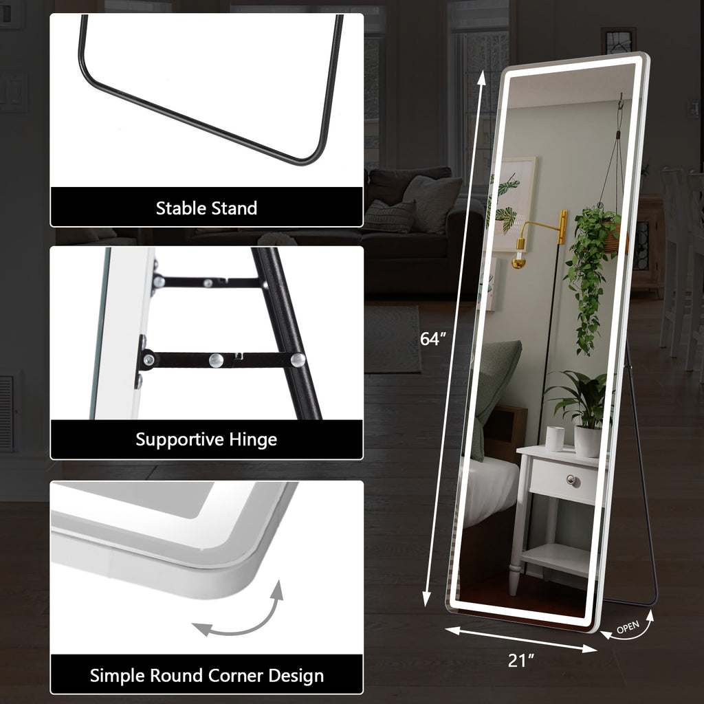 3 Color Lighting Mirror with LED Lights, 64"x21" Lighted Floor Standing Mirror with Stand, Wall Mounted Hanging