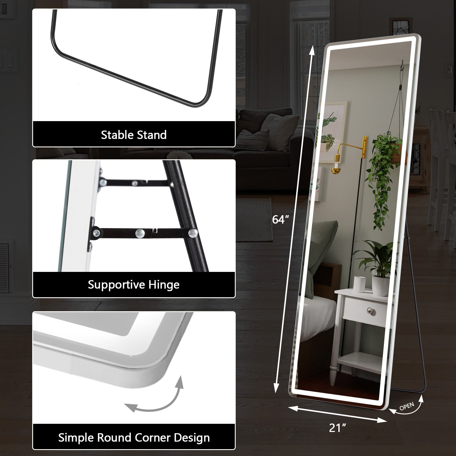 3 Color Lighting Mirror with LED Lights, 64"x21" Lighted Floor Standing Mirror with Stand, Wall Mounted Hanging