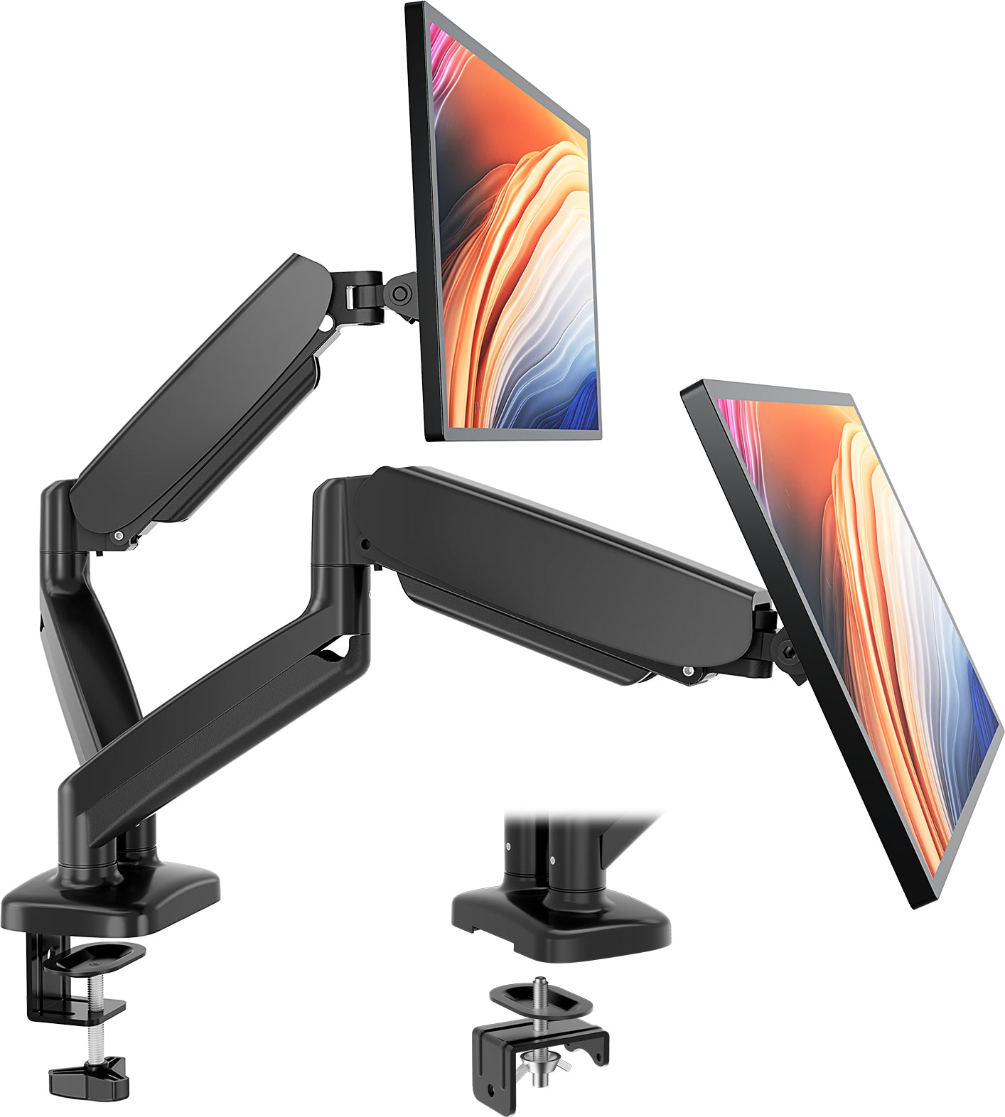 Dual Monitor Stand Arm, Gas Spring 2 Monitor Desk Mount Adjustable Height Swivel VESA Bracket with Clamp and Grommet Base Fits 13-32 inch
