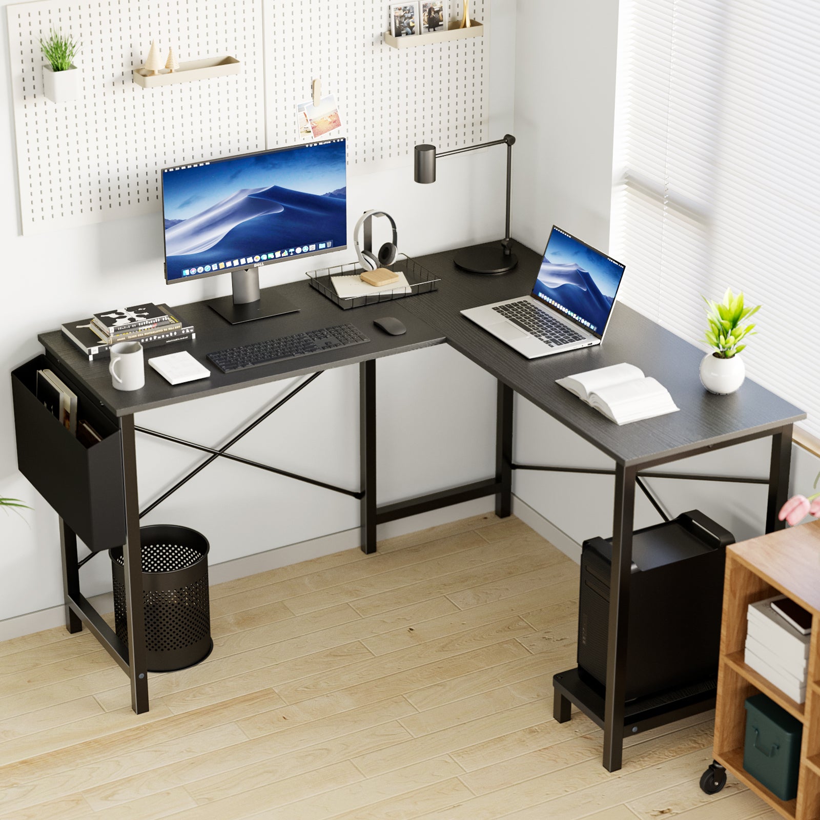 L Shaped Computer Desk - Gaming Corner 50 Inch Office Writing PC Wooden Table with CPU Storage Shelf & Side Bag