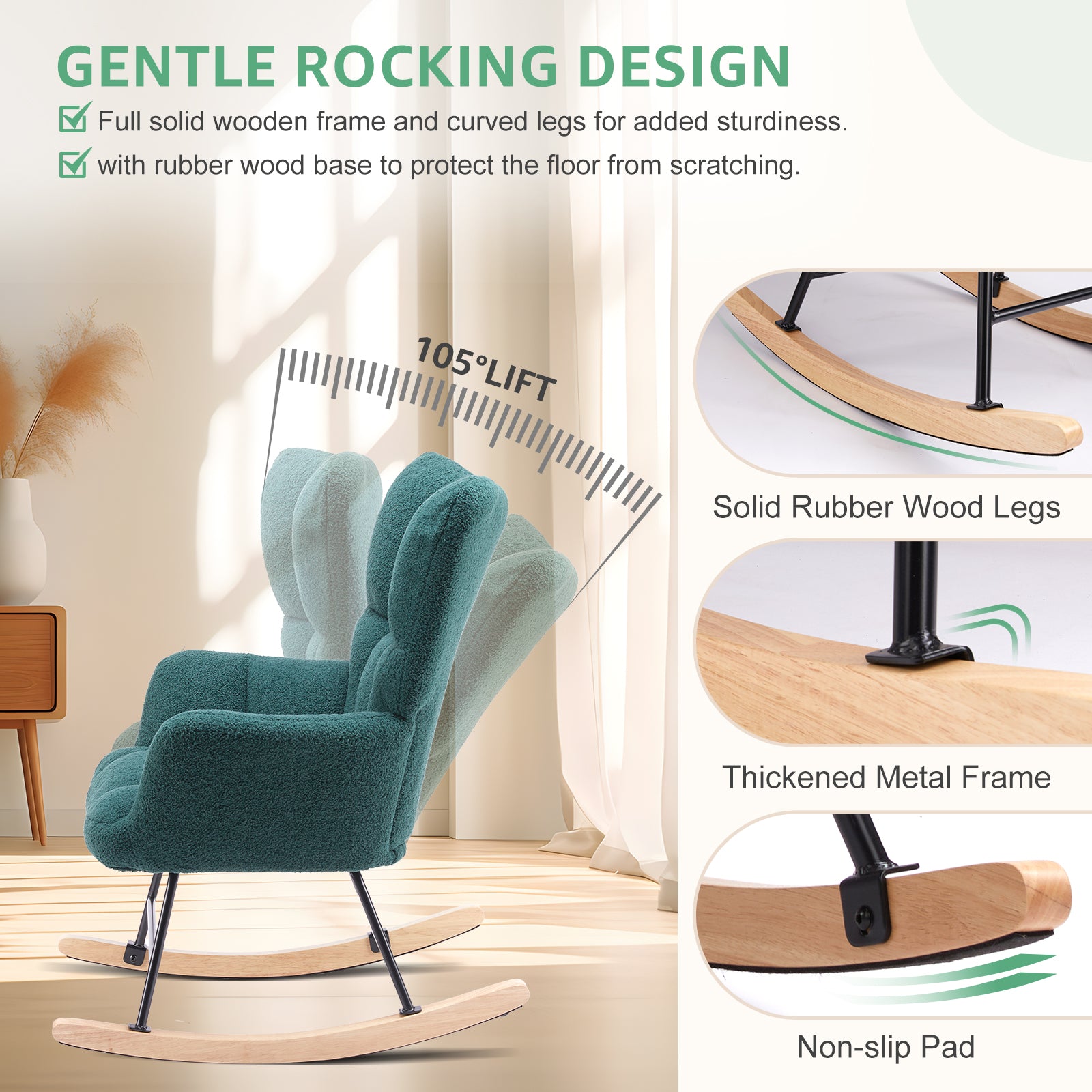 Teddy Upholstered Glider Rocker with High Backrest, Reading Chair Modern Rocking Accent Chairs Glider Recliner for Living Room, Nursery, Bedroom