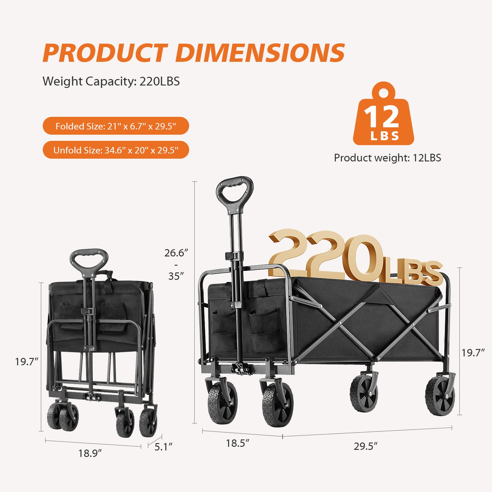 Collapsible Folding Wagon Cart, Camping & Shopping, Heavy Duty Utility Wagon with All-Terrain Wheels
