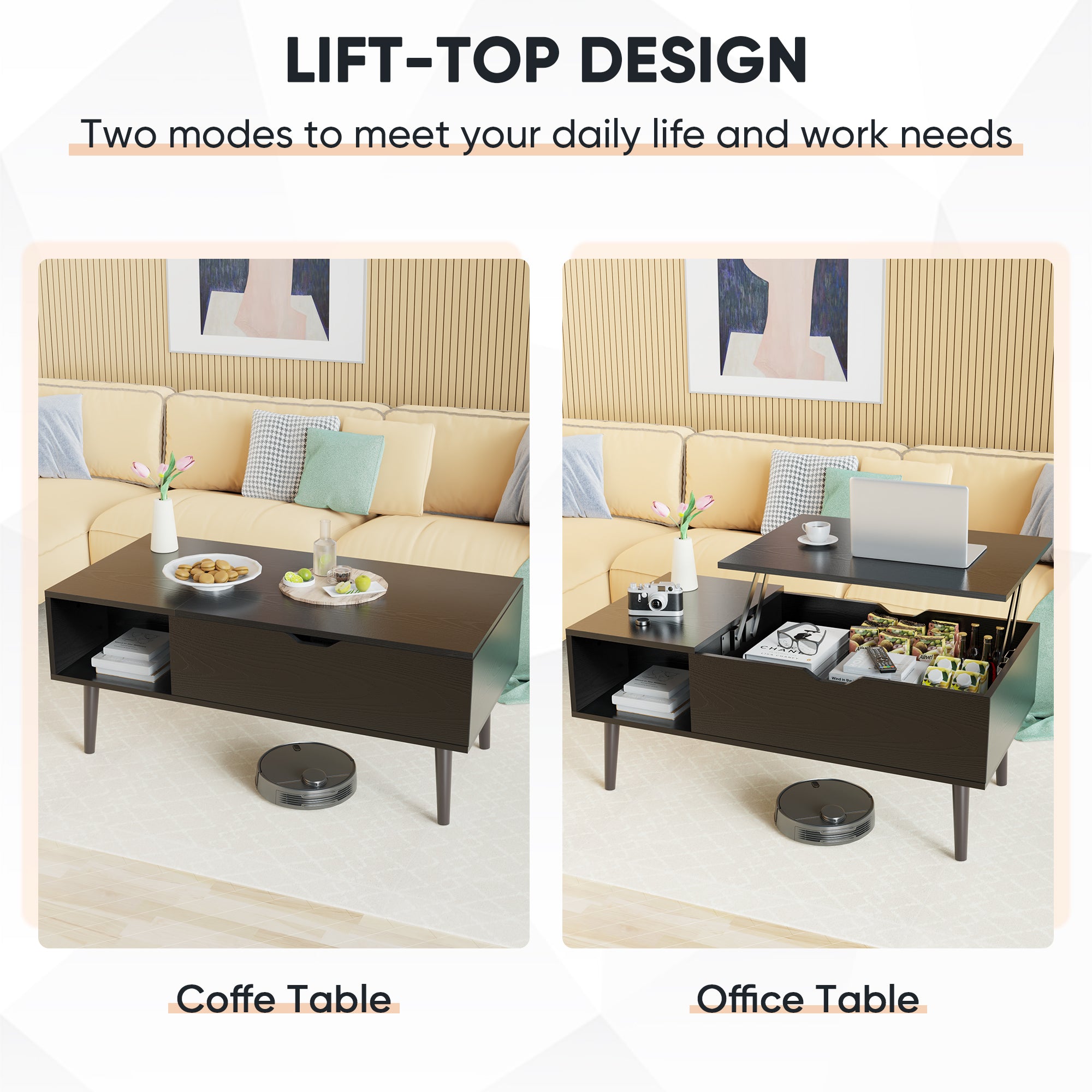Lift Tabletop Coffee Tables for Living Room with Storage Shelf and Hidden Compartment