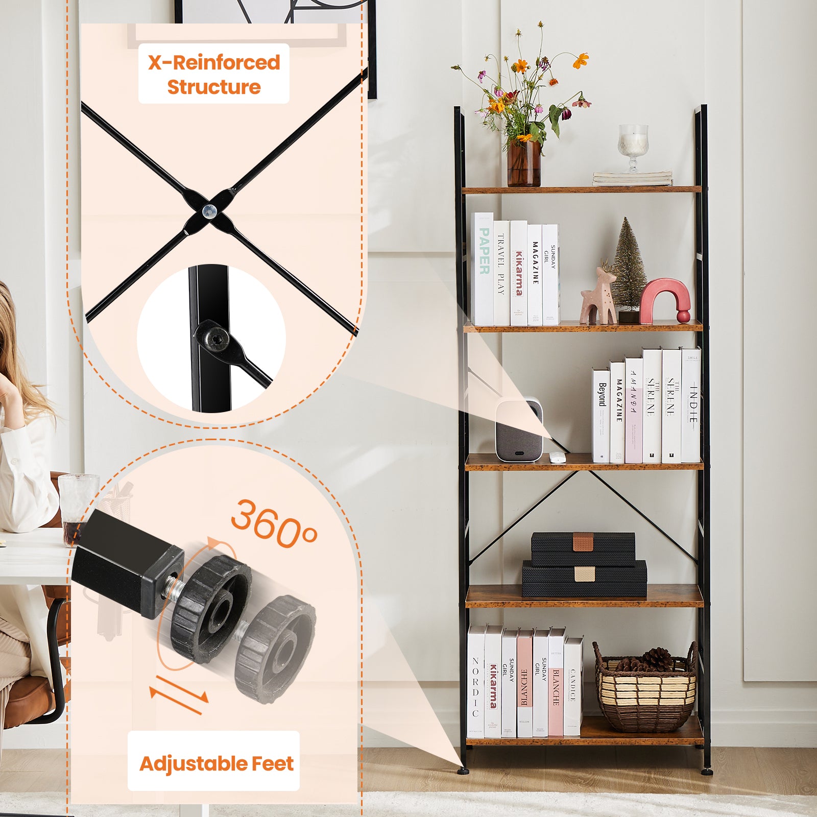 5 Tiers Bookshelf, Classically Modern Book Shelf, Book Rack, Storage Rack Shelves in Living Room/Home/Office