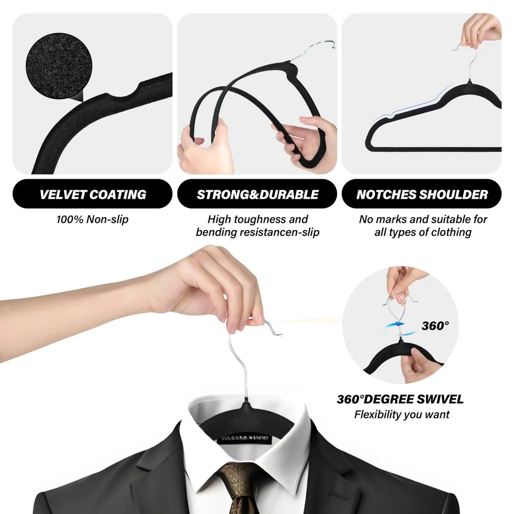 Velvet Hangers 30 Pack, Space Saving Clothes Hangers for Closet, Non-Slip Heavy Duty Coat Hangers for Pants, Shirt, Sweater, Suit & Dress Clothing with 360° Swivel Hook, Black