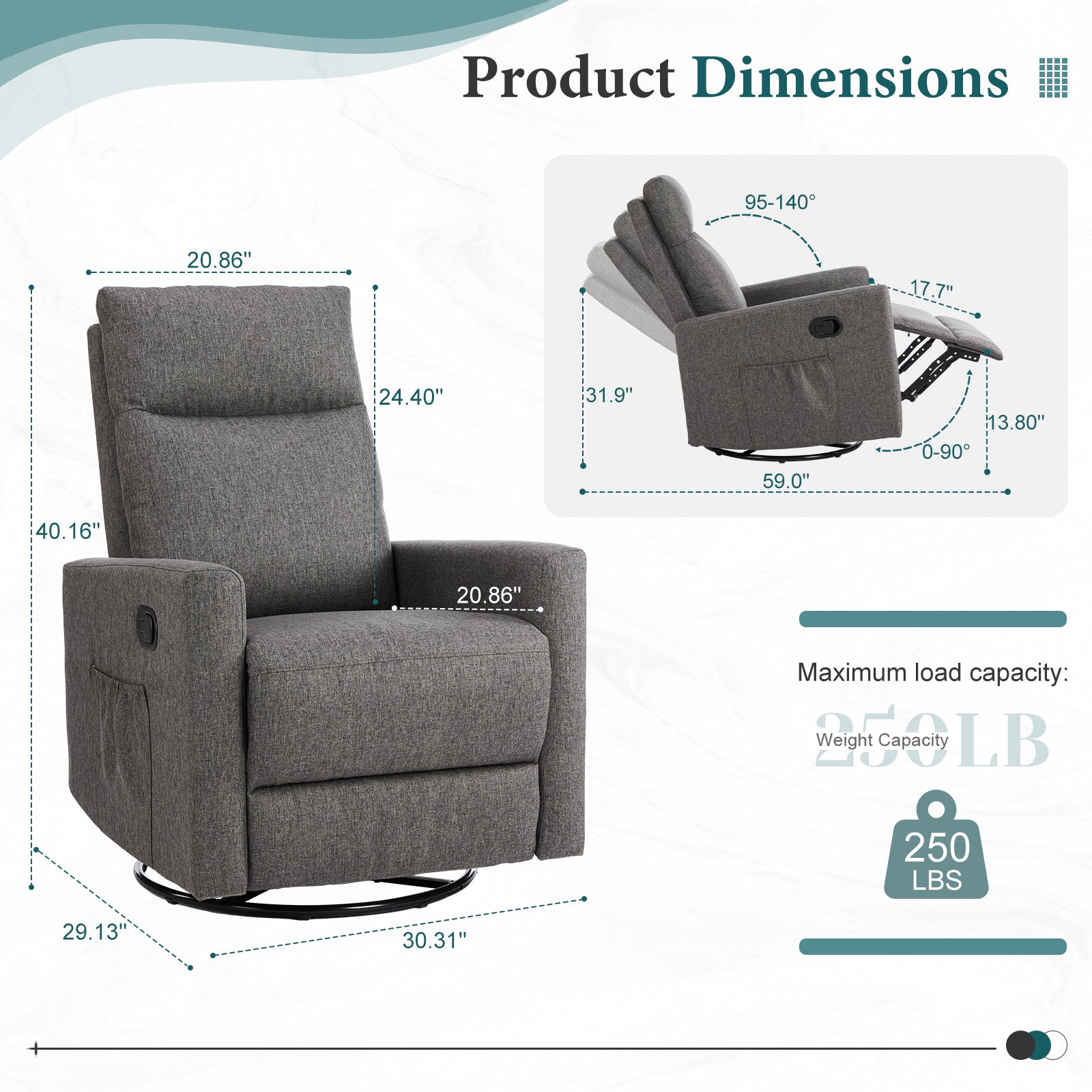 Swivel Recliner Chair, Glider Nursery Chair for Living Room with Extra Large Footrest, High Back, Upholstered Deep Seat